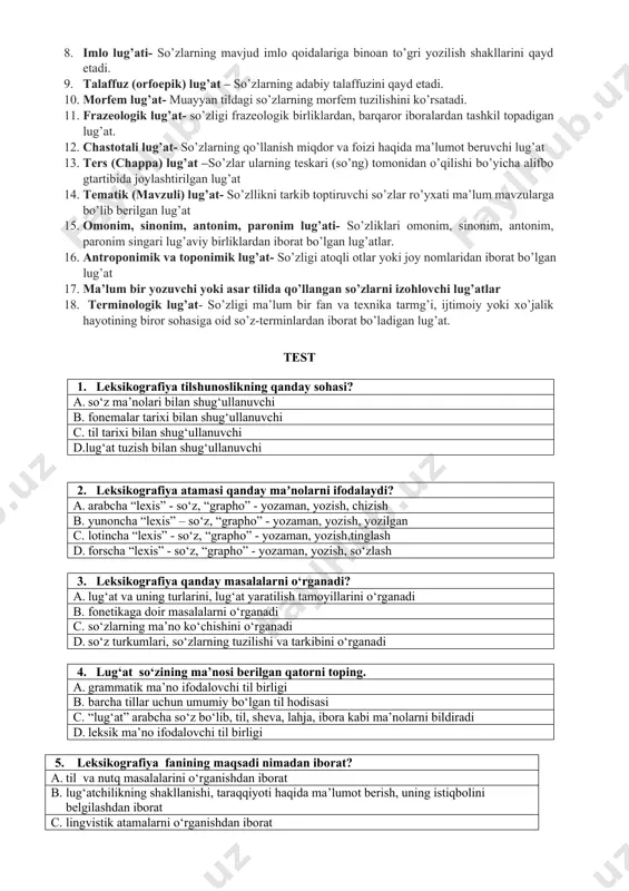 usiyatlarini korsatib beradi. 2. xorijiy so’zlar lug’ati – muayyan tilga o’zlashgan, lekin o’zlashmaligi sezilib turgan boshqa til so’z va terminlarini tushuntirib beradi. 3. tarjima lug’atlari- bir tilga oid lug’aviy birliklarni boshqa tilga o’girib izohlab beradi. 4. tarixiy lug’at- so’zlarning qachondan e’tiboran shu tilda qo’llana boshlagani, uning fonetik, grammatik, semantik belgilari taraqqiyotini ko’rsatib beradi. 5. dialektal (sheva) lug’at- tilning lahja va shevalariga xos bo’lgan, fonetik yoki semantik jihatdan adabiy tildagi 6. etimologik lug’atlar- so’zning kelib chiqishini, manba tildagi ma’nosini, tarkibiy tuzilishini, tovush yoki ma’no jihatdan o’zgarishini ko’rsatib beradi. 7. qiyosiy lug’at- bir oilaga mansub tillardagi so’z boyligini soishtirib, taqqoslab, ulardagi tafovut qonuniyatlarini o’rgatadi. 8. imlo lug’ati- so’zlarning mavjud imlo qoidalariga binoan to’gri yozilish shakllarini qayd etadi. 9. talaffuz (orfoepik) lug’at – so’zlarning adabiy talaffuzini qayd etadi. 10. morfem lug’at- muayyan tildagi so’zlarning morfem tuzilishini ko’rsatadi. 11. frazeologik lug’at- so’zligi frazeologik birliklardan, barqaror iboralardan tashkil topadigan lug’at. 12. chastotali lug’at- so’zlarning qo’llanish …