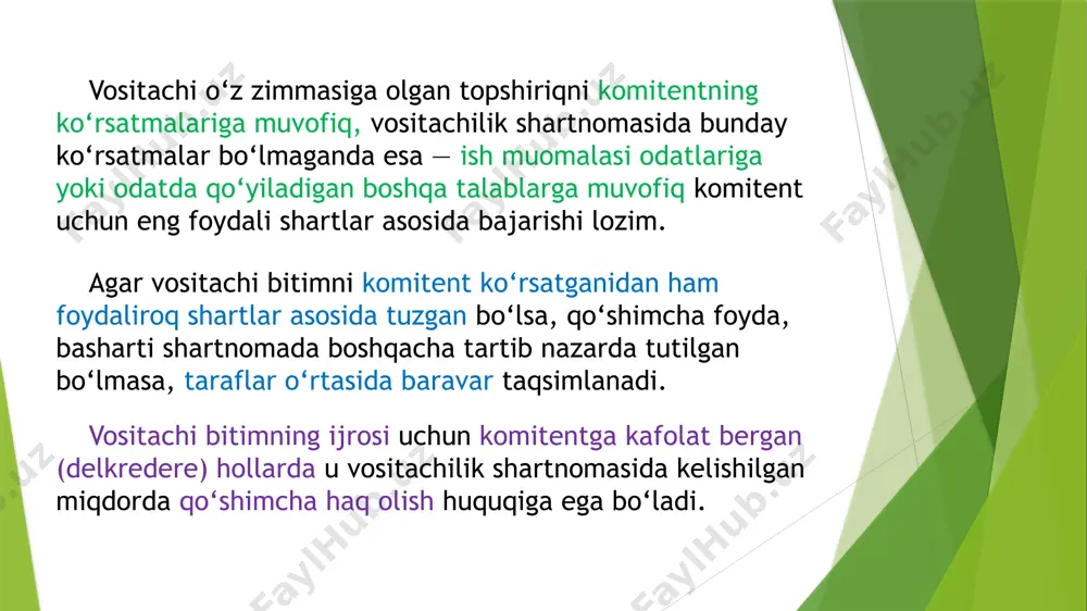 oshqacha tartib belgilab qo‘yilgan bo‘lmasa, vositachi o‘z ixtiyorida bo‘lgan komitentning mol-mulkini saqlash yuzasidan qilgan xarajatlari qoplanishiga haqli emas. vositachilik topshirig‘ining komitent tomonidan bekor qilinishi komitent vositachiga bergan topshirig‘ini istagan vaqtida bekor qilib, vositachilik shartnomasini bajarishdan bosh tortishga haqli bunda vositachining topshiriq bekor qilinishi munosabati bilan ko‘rgan zarari umumiy asoslarda qoplanadi. vositachilik shartnomasi amal qilish muddati ko‘rsatilmagan holda tuzilgan taqdirda komitent shartnomani bekor qilishi haqida, agar shartnomada xabar qilishning uzoqroq muddati nazarda tutilgan bo‘lmasa, kamida o‘ttiz kun oldin vositachini xabardor qilishi shart. bunday holda komitent vositachiga u shartnoma bekor qilinguncha tuzgan bitimlar uchun haq to‘lashi, shuningdek vositachi shartnoma bekor bo‘lgunicha qilgan xarajatlarni to‘lashi shart. topshiriq bekor qilingan taqdirda komitent vositachi ixtiyoridagi o‘z mol-mulkini vositachilik shartnomasida belgilangan muddatda, bordi-yu bunday muddat belgilanmagan bo‘lsa, darhol tasarruf etishi shart. agar komitent bu majburiyatni bajarmasa, vositachi mol-mulkni komitent hisobidan saqlab qo‘yishga topshirishga yoki uni komitent uchun iloji boricha foydali bahoda sotishga haqli. vositachining topshiriqni bajarishdan …