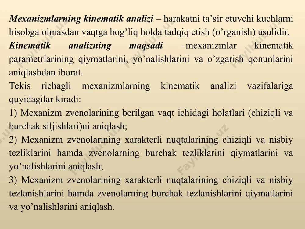 r, mm. siljish diagrammasini qurish uchun tanlangan masshtab koeffitsienti bo’yicha o’qlari siljish s (m/mm) va vaqt t (min/mm) dan iborat bo’lgan koordinatalar sistemasini tanlaymiz (a) : yetaklanuvchi zvenoning bitta chetki holatini boshlang’ich holat deb tanlaymiz (b). sxemadan b0b1 kesmani o’lchab, krivoshipning birinchi xolatiga nisbatan yetaklanuvchi zvenoning siljishini topamiz. aniqlangan nuqtalarni biralshtirish egri chiziqli siljish diagrammasini hosil qilamiz, (a), bu vaqtga bog’liq funktsiyadir topilgan uzunlikni diagrammaga qo’yib krivoship holatiga mos ravishda siljish diagrammasining birinchi nuqtasini aniqlaymiz (a). shu tartibda amallarni bajarib, krivoshipning qolgan holatiga mos bo’lgan siljish diagrammasining nuqtalarini aniqlaymiz. kinematik analizning ikkinchi masalasini yechish uchun, siljish diagrammasini differentsiyallash usulidan foydalanib (a), tezlik analogi diagrammasini quramiz. yangi koordinatalar sistemasining vaqt masshtabini (b) siljish diagrammasining masshtab koeffitsientiga tenglashtirib olamiz (a). vaqt belgilangan o’q chiziqning davomidan h1 kesmani chizamiz. buning natijasida differensiyallashning qutbi hisoblangan p1 nuqtani aniqlaymiz (b). tezlik analogi o’qining masshtab koeffitsienti, m/s·mm siljish diagrammasining egri chizig’ida yotgan nuqtalarga urinma o’tkazamiz (a). …