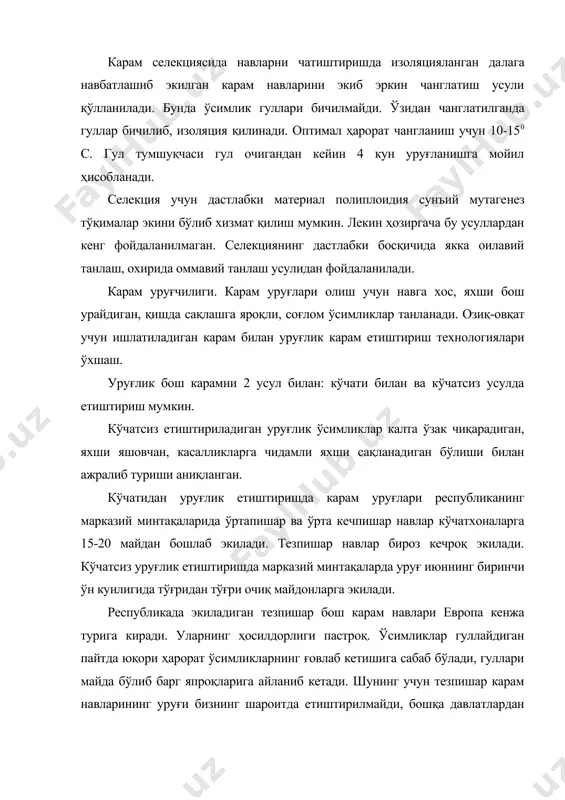 ин. сақлаш даври​нинг охирида ҳарорат 5-60 с гача кўтарилади. бунда ўсимликлар гене​ратив фазага ўтади. уруғли ўсимликларни траншеяларда илдизини па​стга қаратиб бир қатор қилиб кўмилган ҳолда ҳам сақлаш мумкин. бунда экиш олдидан ўсимликлар чириган барглардан тозаланади. экиш кеч ёки эрта баҳорда ўтказилади. кузда декабрдаги доимий со​вуқлар олдидан экилади. улар тезда ўсиб олади ва қишда уни совуқ ўрмайди. баҳорда имкони бўлса уруғлик ўсимликлар далага феврал охири - март бошида ўтказилади. кечикса кўртаклар ўйғониб қолади ва экишда шикастланади. шудгорлаш билан 40-50 т/га гунг, 70-80 кг р2 о5, 50-60 кг. к о со​линади. эгат олишда 30-40 кг р2о5 ва беради. ҳар 70 см да чуқурлиги 30 см гача эгатлар олинади карам бошлари шаклида бўлса 60-80 см, ўзаклар ҳолидаги уруғлик ўсимликлар экишдан 40-50 см орасига экилади. экишда карам ўзагининг ҳаммаси тупроққа кўмилиб туриши ке​рак. кеч кузда экилган уруғликлар музламаслиги учун устига 8-10 см қалинликда тупроқ тортамиз. эрта баҳорда улар 1-2 см қолдирилади. уруғлик карам бошлари …