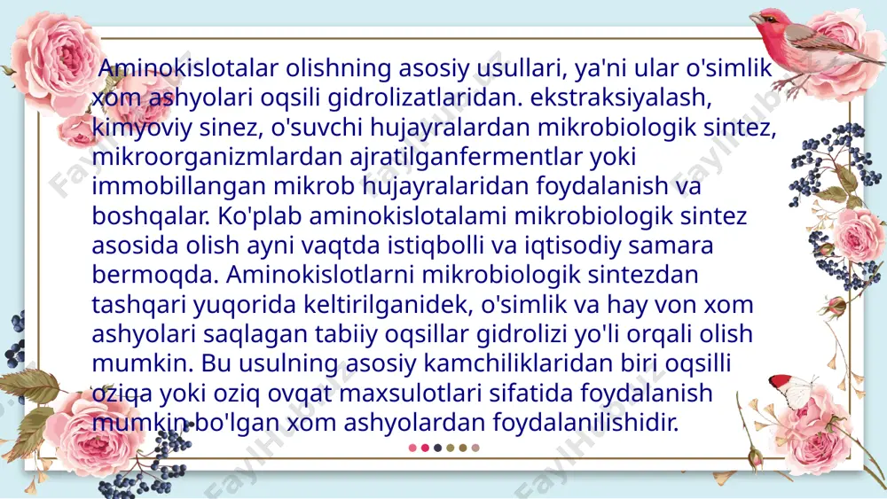 izmlar suspenziyasi steril suyuq oziqa muhitiga (kolbalarga) otkaziladi va mikrobiologik tebratgichda (180-200 tez/min) bir sutka davomida 29-30°c haroratda o'stiriladi. four lorem ipsum dolor sit amet, consectetur adipiscing elit. donec luctus nibh sit amet sem vulputate venenatis bibendum orci pulvinar. four 1- rasm. lizinni mikrobiologik yo'l bilan ajratib olish texnologik sxemasi. isitish va lavlagi massasini eritish; 2- makkajo'xori ekstrakti, ozuqa tarkibiga kirgan tuzlar va caco, ni suvda aralashtirish; 3 isitish kolonnasi: 4 oziqa muhitini saqlab turuvchi idish; 5- issiqlik almashtiruvchi (sovutish uchun): 6- ekuv kulturasini ko'paytiruvchi va sterilizatsiya qiluvchi fermenterlar va uskunalar, 7- ekuv materiallarini uzatish; 8-havoni tozalash va sterilizatsiya qilish uchun filtrlar tizimi, 9-sanoat kulturasini o'stiruvchi fermenter, 10-chiqadigan gazlarni ekologik tozalovchi fermenterlar; 11 lizinni monoxlorgidratini oluvchi idish; 12- reaktorga xlorid kislotasini yuborish; 13 tayyor monoxlorgidrat lizin; 14 monogidratlizin saqlagan kultural suyuqlik isitish, 15- parlatuvchi usqurmalar, 16 suyuq lizninni (s.l.) yogʻiladigan idish; 17 suyuq lizninni to'ldirgich bilan aralashtirish, 18 purkatib qurituvchi …