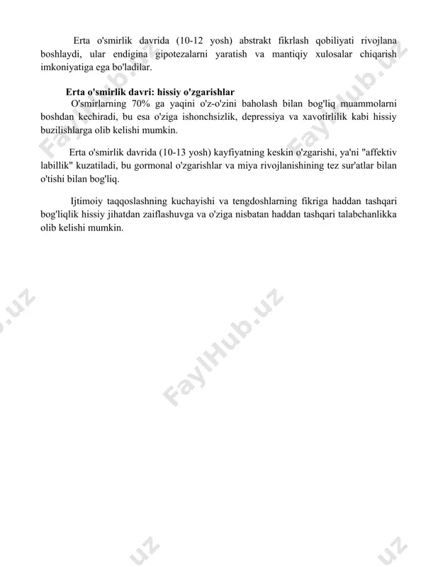 rlash qobiliyati rivojlana boshlaydi, ular endigina gipotezalarni yaratish va mantiqiy xulosalar chiqarish imkoniyatiga ega bo'ladilar. erta o'smirlik davri: hissiy o'zgarishlar o'smirlarning 70% ga yaqini o'z-o'zini baholash bilan bog'liq muammolarni boshdan kechiradi, bu esa o'ziga ishonchsizlik, depressiya va xavotirlilik kabi hissiy buzilishlarga olib kelishi mumkin. erta o'smirlik davrida (10-13 yosh) kayfiyatning keskin o'zgarishi, ya'ni "affektiv labillik" kuzatiladi, bu gormonal o'zgarishlar va miya rivojlanishining tez sur'atlar bilan o'tishi bilan bog'liq. ijtimoiy taqqoslashning kuchayishi va tengdoshlarning fikriga haddan tashqari bog'liqlik hissiy jihatdan zaiflashuvga va o'ziga nisbatan haddan tashqari talabchanlikka olib kelishi mumkin. 📌xulosa erta o'smirlik davri – shaxsning jismoniy, ijtimoiy va hissiy jihatdan tez o'zgarib turadigan murakkab davri bo'lib, bu davrda o'z-o'zini anglash va mustaqillikka intilish kuchayadi. ushbu davr bolaning kelajagi uchun muhim ahamiyat kasb etadi. 📚foydalanilgan adabiyotlar 1. erikson, e. h. (1963). gençliğin psiko-sosyal gelişimi. (yosh, i. tarjimasi). toshkent: fan. 2. steinberg, l. (2008). ergenlik. (to'lalik tarjimasi). toshkent: akademnashr. 3. larson, r. …