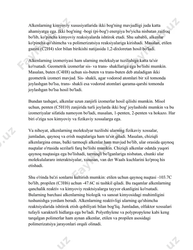 larning reaktivligi ularning qo'shimcha reaktsiyalarida ishtirok etish qobiliyati bilan bog'liq. jumladan, olfaktor xossalari tufayli xarakterli hidlarga ega bo'ladi. polyethylene va polypropylene kabi keng tarqalgan polimerlar ham aynan alkenlar, etilen va propilen asosidagi polimerizatsiya jarayonlari orqali olinadi. 3. alkenlarning nomenklaturasi alkenlarning nomenklaturasi organik kimyo va molekulalarini aniqlashda muhim qadam hisoblanadi. alkenlar bir yoki undan ortiq ulgaytirilmagan uglerod-uglerod qoshbogi (c=c) bolgan toyimagan uglevodorodlarning bir sinfidir. alkenlarning umumiy formulasi \( c_nh_{2n} \) korinishida ifodalanadi, bu yerda 'n' uglerod atomlari sonini bildiradi. alkenlarni nomlashda, iupac (xalqaro sof va amaliy kimyo ittifoqi) qoidalari qollaniladi. bu qoidalar alkenlarni aniq va uzviy tasniflash uchun ishlab chiqilgan. quyida alkenlarning nomenklaturasini shakllantirish jarayoni haqida batafsil ma'lumot keltirilgan: 1. uglerod zanjirini aniqlang: eng uzun va eng kop qoshbog saqlagan uglerod zanjirini tanlang. qoshbog mavjud bolgan zanjirdagi uglerod atomlarini sanab otganingizda, yol boshlangich nuqtadan yaqin bolgan bogni hisobga olish lozim. 2. raqamlash: uglerod zanjirini raqamlang, bunda qoshbogning joylashgan eng kichik raqamiga …