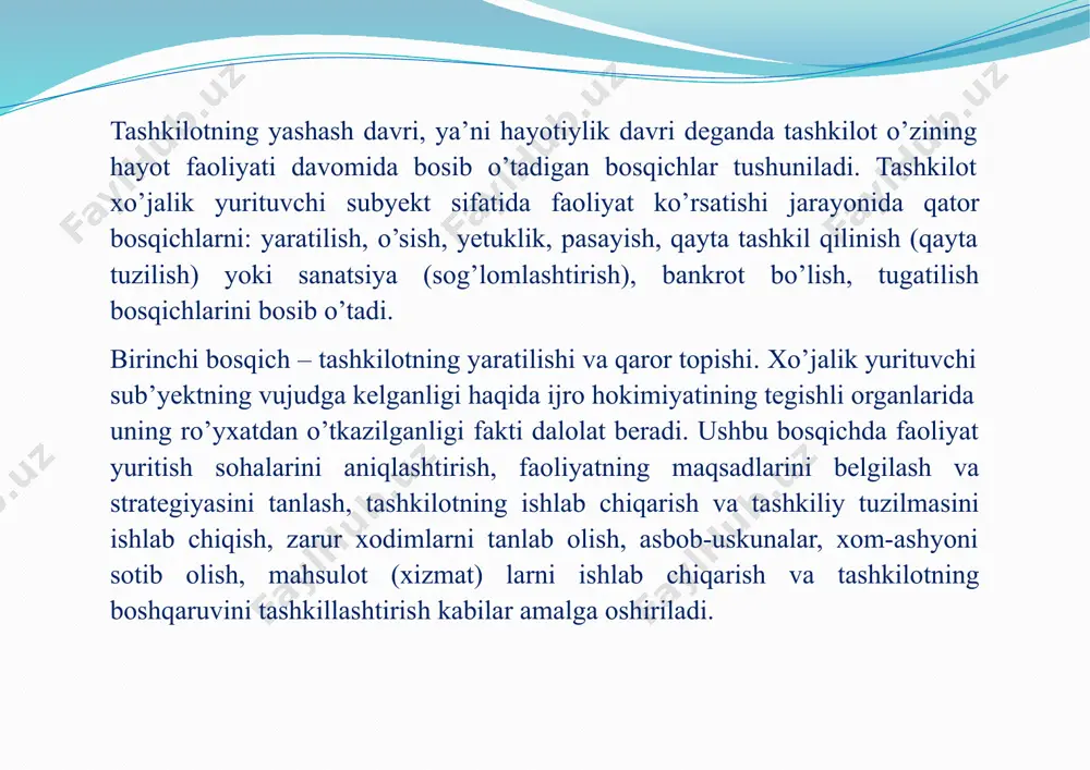 g oqibati emasmikin, boshqaruv tizimiga biroz o’zgartirish kiritish yo’li bilanushbu muammolarni hal qilish mumkinmi yoki ular tashkilotning hayotiylik davrining so’nggi bosqichi yaqinlashib kelayotganidan dalolat berayaptimi, demak ular tashkiliy o’zgarishlarni amalga oshirish bilan bog’liq ekanligini aniqlashlari lozim. shunday qilib tashkilotning samarali va barqaror faoliyat yuritishi ko’p jihatdan uning hayotiylik davri va har bir bosqichni menejerlar hamda xodimlar qanday tushunishi, baholashlari va o’z xatti-harakatlarida hisobga olishlariga bog’liq. bankrotlikning eng yengil muqobili tashkilotni qayta tashkil qilishdir. uning maqsadi korxonani jonlantirishdan iborat. bu holda inqirozli vaziyatdan chiqib ketish rejasi ishlab chiqiladi va amalga oshiriladi. unga boshqa tashkilot bilan qo’shilish, birlashish, bo’linish va ajralib chiqish kabilarni kiritish mumkin. buning natijasida mavjud yuridik shaxslar tugatiladi, yangilari yaratiladi, korxonaning tashkiliy-huquqiy shakli o’zgaradi. qayta tashkil qilishning o’ziga xos shakli korxonani qayta tuzishdir. u korxonaning boshqaruvini yaxshilash, ishlab chiqarishning samaradorligini va mahsulotning raqobatbardoshligini oshirish, ishlab chiqarish xarajatlarini pasaytirish, faoliyatning moliyaviy-iqtisodiy natijalarini yaxshilashga qaratilgan chora-tadbirlar tizimini o’z ichiga oladi. qayta …