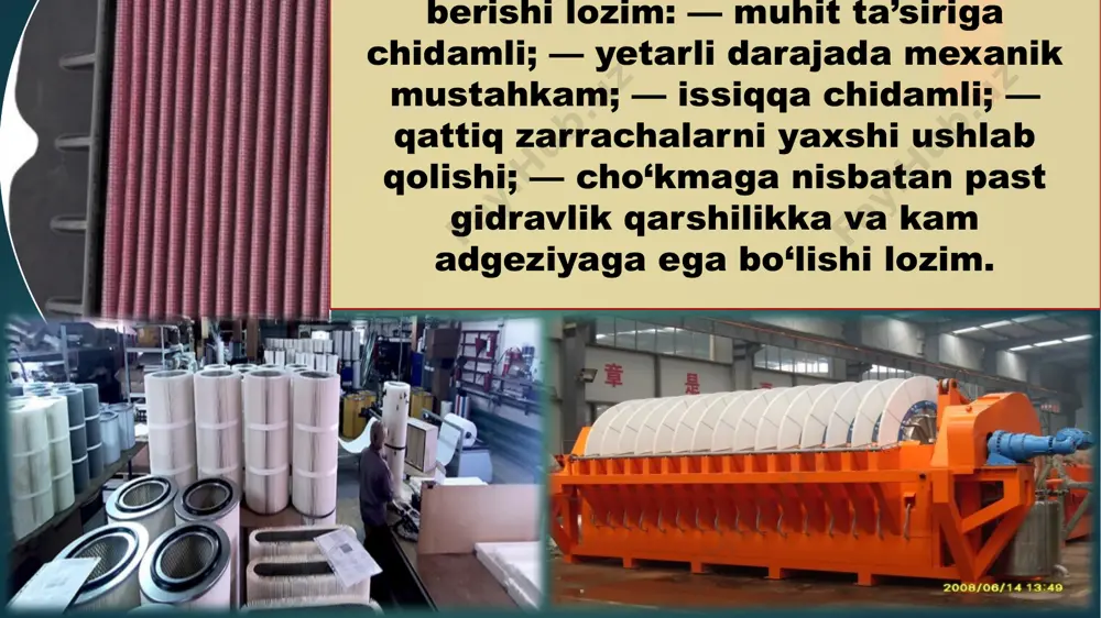 tiladi. diskli filtrlaming filtrlash yuzasi 0,3 dan 250 m2 gacha, disklar soni esa 14 ta. ular zarrachalarining dispersligi deyarli bir xil bo‘lgan suspenziyalarni filtrlash uchun mo‘ljallangan. filtrda qolgan cho‘kma quritilayotganda yorilib ketmasligi kerak. e’tiboringiz uchun raxmat! image6.jpeg image7.png image8.png image1.png image2.png image3.png image4.png /docprops/thumbnail.jpeg