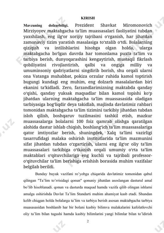 hilariga eng kuchli va tajribali professor-o‘qituvchilar ta’lim berishiga erishish borasida muhim vazifalar belgilab berildi. bunday buyuk vazifani ro’yobga chiqarida davlatimiz tomonidan qabul qilingan "ta’lim to’ғrisidagi qonun" qonuniy jihatdan asoslangan dasturul amal bo’lib hisoblanadi. qonun va dasturda maqsad hamda vazifa qilib olingan ishlarni amalga oshirishda davlat ta’lim standarti muhim ahamiyat kasb etadi. shundan kelib chiqgan holda bolalarga ta’lim va tarbiya berish asosan maktabgacha tarbiya muasasasidan boshlanib har bir bolani kasbiy bilimva malakalarini kafolatlovchi oliy ta’lim bilan tugashi hamda kasbiy bilimlarini yangi bilimlar bilan to’ldirish imkonini beruvchi qayta tayyorlovchi bilim maskanlari asosida uzuluksiz davom ettirish imkoni yaratilgan. bola boshlanғich sinflardan boshlab o’qish va yozish ko’nikma va malakalarni ola boshlaydi. bu jarayonni qonuniy asoslarini belgilab bergan "ta’lim to’g’risidagi qonun"ning 12- moddasida shunday deyiladi-"boshlanғich ta’lim umumiy o’rta ta’lim olish uchun zarur bo’lgan savodxonlik. bilim va ko’nikma asoslarini shakllantirishga qaratilgandir".[footnoteref:1] [1: 1 баркамол авлод-ўзбекистон тараққиётининг пойдевори."шарқ"нашриёти -матбаа концернининг бош тащририяти,тошкент-1997,23- бет.".] boshlang’ich ta’limni maqsad va …