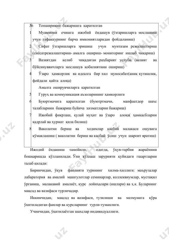 еминарлар, коллеквиумлар, мустақил ўрганиш, малакавий амалиёт, курс лойиҳалари (ишлари) ва ҳ.к. буларнинг мақсад ва вазифаси турличадир. иккинчидан, мақсад ва вазифаси, тузилиши ва мазмунига қўра ўқитиладиган фанлар ва курсларнинг турли-туманлиги. учинчидан, ўқитилаётган шахслар индивидуаллиги. кўрсатилган ўзига хосликларни ҳисобга олиш учун ҳам таълим олувчилар, ҳам таълим берувчилар фикрлаш имкониятидан унумли фойдаланиш зарур. бу ўқув-тарбия жараёнини ўиказиш турли унсурлари ва шартларига мослашишга имкон беради. фаолиятни мунтазам режалаштириш тамойили ҳам таълим муассасалари турли бўлимларда, ҳам ўқув тарбия жараёнинин амалга оширишда кенг қўлланилади. бу фаолият самарадор режасини ишлаб чикариш, уларни бажаришни ташкил этиш, олинган натижаларни баҳолашни кўзга тутади. ўқув-тарбия жараёнини бошқаришда бу тамойил ижодий ёндашиш воситаси ҳисобланади. ўқитувчи, у ёки бу ўқув фаолият турини бажаришга ижодий ёндашиб, ўзининг ва таълим олувчиларнинг харакатини режалаштириш, буни юкори савияда бажариш, натижаларинини назорат қилиш ва баҳолаш, агар зарур пайдо бўлса, ўзининг ва талабаларнинг фаолиятини ўзгартириш буйича хулоса чикариш. раҳбарият услубининг мослашувчанлик тамойилидан тез-тез ўзгариб турадиган вазиятда ишловчи кўпчилик раҳбарлар …