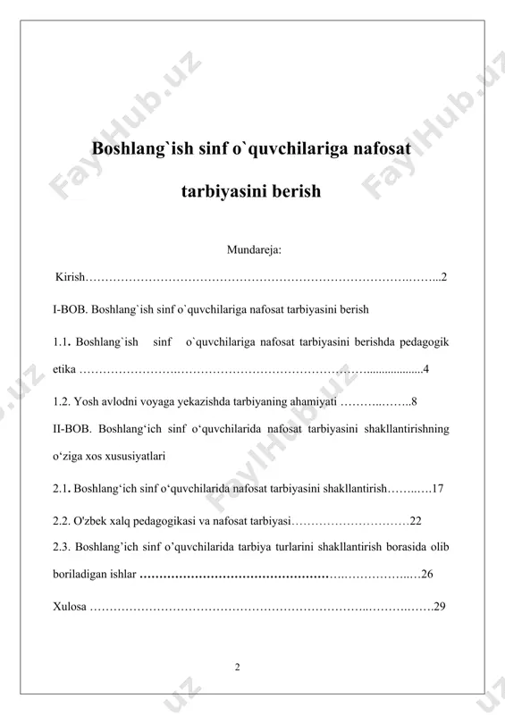 ri va har xil janrdagi san’at asarlari:grafika, rang tasvir, haykaltaroshlik, amaliy san’at, adabiyot, musiqa asarlari bilan kundalik faoliyatimizda duch kelishadi va ularni o’zgartirib boradi. nafosat tarbiyasi – yoshlarni voqyelikdagi, san’atdagi, tabiatdagi, ijtimoiy va mehnat munosabatlaridagi, turmushdagi nafosatni idrok qilish orqali, ularda go’zallika ijobiy munosabat uyg’otish va o’zlarining hayot tarziga go’zallikni olib kirishni tarbiyalashdir. yoshlar nafosat–go’zallik to’g’risidagi bilimlarni o’zlarini qurshab turgan tevarak atirofdagi tabiat go’zaligi, oila a’zolarining o’zaro samimiy munosabatlari, beqiyos san’at asarlari va baddiy asarlardan oladi. nafosat to’g’risidagi bilimlar yoshlarni hatti –harakatlarini, o’quvchilar faoliyatini va tabiat hodisalarini baholashda foydalanadilar. nafosat tarbiyasining, mazmuniga xalqimizning boy madaniy merosini xalqning nafosatga oid bilimlarini badiiy didini xalqimizning ma’naviyatini, sog’lom turmush tarzini kiritsak bo’ladi. nafosat tarbiyasi –eng avvalo xar bir yoshda badiiy hissiyot tuyg’ularini,badiiy didni tarbiyalashga qaratiladi. nafosat tarbiyasi bugungi kunda shuning uchun ham muhimki, u har bir yoshni o’zini nazorat qilishga sa’yi – harakatlarini tartibga solishga odatlantiradi. did farosat har bir insonning hatti-harakatida, kiyinishida …