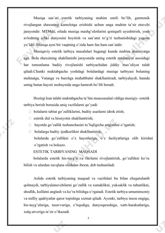 vchi vosita sifatida. · bolalarning shaxs sifatida tarbiyalash uchun ta’lim jismoniy va ongli tarbiya uyg’unlikda olib borilishi kerak. bu maqsadga erishish uchun bolalarda to’g’ri tashkillashtirilgan musiqiy mashg’ulotlar tashkil etiladi. · estetik tarbiya maktabgacha yoshdagi bolalarda go’zallikni tushunish, uni his qilish, yaxshi va yomonni, badiiy san’at turlarini farqlay olish va ularga ijodkorona yondashishga yo’naltirilgandir. estetik tarbiyaning eng ko’zga ko’ringan omillaridan biri bu - musiqadir. bu maqsadlarga erishish uchun maktabgacha yoshdagi bolalarning umumiy musiqiyligini rivojlantirish kerak. mtm musiqa mashg‘ulotlarida tarbiyalanuvchilar yosh psixologik xususiyatlarini e’tiborga olish maktabgacha ta’lim muassasalari tarbiyalanuvchilarining yosh psixologik xususiyatlari. 3-7 yoshgacha bo‘lgan davr bog‘cha yoshi davri hisoblanadi. maktabgacha yoshdagi bolalar psixologiyasida juda tez sifat o‘zgarishlari bo‘lishini inobatga olgan holda 3 davrga 3-4 yosh kichik maktabgacha davri; 4-5 yosh kichik bog‘cha yoshi o‘rta maktabgacha davr( o‘rta bog‘cha yoshi); 6-7 yosh va katta maktabgacha davr katta bog‘cha yoshlariga ajratish mumkin bola rivojlanish jarayonida odamlarning ilgari o‘tgan avlodlari tomonidan yaratilgan predmet va …