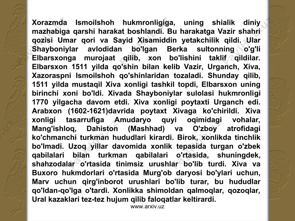 yilda xorazmni zabt etib, mintaqani birlashtirish ishini uddaladi, buxoro xonligini kuchli va markazlashgan davlatga aylantirdi. biroq, ichki nizo, adovatni bartaraf etolmadi. g'animlar abdullaxonga qarshi uning o'g'li abdulmo'minni qayraydilar. shu tariqa, uyushtirilgan saroy fitnasi natijasida 1598 yilda abdullaxon o'ldiriladi. abdullaxon o'rniga taxtga ko'tarilgan abdulmo'min 6 oycha hukmdor bo'ldi. u otasining amirlaridan biri, abdulvose tomonidan otib o'ldirildi. taxtga chiqqan so'nggi shayboniy pirmuhammad (1599-1601) ham ichki urushlarning birida halok bo'ladi. shayboniylar su­lolasi barham topdi www.arxiv.uz www.arxiv.uz shayboniylar sulolasi (1500-1601y.y.) muhammad shayboniyxon 1500-1510y.y. ko'chkinchixon 1510-1531y.y. abu saidxon 1531-1533y.y. ubaydullaxon 1533-1539y.y. abdullaxon i 1539-1540y.y. abdulazizxon (buxoroda) 1540-1550y.y. abdulatif (samarqandda) 1540-1550y.y. navro'z ahmadxon (baroqxon)-1551-1556y.y. pirmuhammadxon i-1557-1561y.y. iskandarxon-1561-1583y.y. abdullaxon ii-1583-1598y.y. abdulmo'minxon-1598-1599y.y. pirmuhammadxon ii-1599-1601y.y. www.arxiv.uz www.arxiv.uz www.arxiv.uz www.arxiv.uz 1601 yildan e'tiboran buxoro xonligida hokimiyat ashtarxoniylar (joniylar) sulolasi qo'liga o'tadi. 150 yilcha (1601-1753) hukmronlik qilgan ashtarxoniylar sulolasi davrida buxoro xonligida tinchlik, osoyishtalik bo'lmadi. xonlik viloyatlarida hukmronlik qiluvchi amirlar va beklarning o'zboshimchaligi, markaziy hokimiyatdagi amaldorlar o'rtasidagi o'zaro kelishmovchilik, yp-yiqitlar mamlakat …