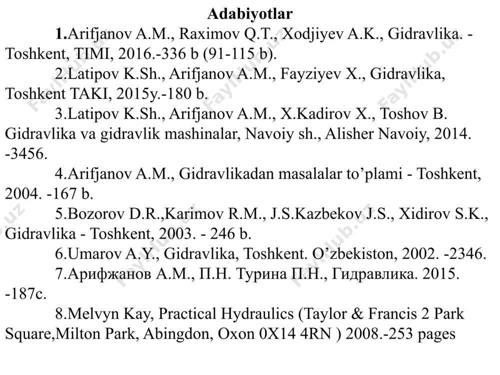 z1, z2 va z3 masofalarda bo’ladi. bular qiyosiy tekislik 0-0 dan elementar oqimchaning geometrik balandliklarini ko’rsatadi. endi, qabul qilingan 1-1, 2-2, va 3-3 kesimlar tekisliklari markazida pezometr va uchi egilgan trubka shishachalar urnatamiz. bu holda pezometrlarda suyuqlik kesimlar og’irlik markaziga nisbatan ma‘lum balandlikka kutariladi. bu kutarilish gidrostatik qismida ko’rganimizdek kesimlarda quyidagiga teng bo’ladi: h1,, h2, h3 lar pezometrik balandliklar deb ataladi. odatda pezometrlar yordamida truba va boshqa idishlarda harakat qilayotgan suyuqlikning gidrostatik bosim ulchanadi. uchi egilgan naychalarda suyuqlik pezometrdagiga qaraganda balandroqqa kutariladi. buning sababi shundaki shisha nayning egilgan uchi suyuqlik harakati yunalishida bo’lib gidrostatik bosimga qushimcha ravishda suyuqlik tezligi bog’liq bo’lgan bosim paydo bo’ladi. bunda suyuqlik zarrachalarining inertsiya kuchi qushimcha bosim vujudga kelishiga sabab bo’ladi. uchi egilgan shisha naychalardagi balandlik quyidagi miqdorlarga ega bo’ladi - suyuqlikning tegishli kesimlaridagi tezlik bosimi (balandligi) - pezometrik balandliklar geometrik balandliklar -(tegishli kesimlarning og’irlik markazi 0-0 tekislikdan qancha balandlikda turishini ko'rsatadi) real suyuqliklar elementar oqimсhasi …