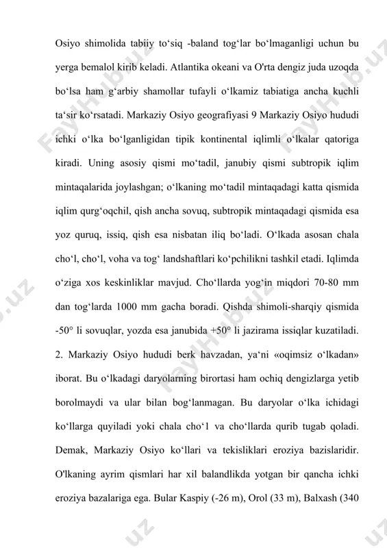 dan nam, iliq shamollar, shimoldan sovuq quruq shamollar bemalol kirib kela oladi. ibtidoiy jamiyat davrida ham markaziy osiyoda yashagan odamlar bu hudud tabiati haqida birmuncha tasavvurlara ega bo‘lganlar. ilk geografik tasavvurlar tabiatning yangi resurslarini izlab topish va o‘zlashtirish, tabiiy sharoiti qulay yerlarga joylashish, obikor dehqonchilik, ov kasbkorligi va chorvachilik vositasida tabiatning ko‘zga yaqqol tashlanib turgan oddiy xususiyatlarini bilishga intilishlar bilan takomillasha borgan. dastlabki geografik tasavvurlarning rivojlanishida obikor dehqonchilikning vujudga kelishi muhim rol o‘ynagan. obikor dehqonchlik ayrim joylarning relyefi va yer-suv sharoiti, ob-havosi, iqlimi, o‘simlik va hayvonot dunyosi haqidagi boshlang‘ich bilimlarning vujudga kelishi hamda shakllanishiga olib bolgan. antik davrda (miloddan avvalgi iv va milodiy iv asrlar davomida) markaziy osiyo haqidagi geografik tasavvurlar yanada kengaygan va chuqurlashgan. afsuski, tarixiy sabablarga ko‘ra ilk mahalliy qo‘lyozmalar deyarli saqlanib qolmaganligi o‘lkamiz xalqlarining qadimiy geografik tasavvurlarini mukammal aniqlash va uni ilmiy tahlil qilishga imkon beradi. ular yunon va arab istilolari davrida yo‘q qilib yuborilgan. markaziy osiyoning …