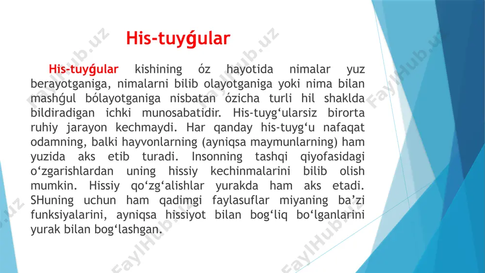 ladi: ular his-tuyg‘ularning bamisoli birdan lov etib yonib ketishiga, portlashiga, bir zumda hamma yoqni to‘s-to‘polon qilgan shamolga o‘xshaydi. affektlar zo‘r berib kechadigan hissiyotlardir. masalan, chinqirib yig‘lagan, sochini yulgan, farzandidan mahrum bo‘lgan onaizorda qayg‘u affekti bor, deb fikr yuritamiz. es-hush buzilishlari rosmana ifodalangan affektlar patologik affektlar deb ataladi va ular asosan psixozlarda kuzatiladi. kayfiyatlar – ancha vaqt davomida kishining butun xatti-harakatiga tus berib turadigan umumiy hissiy holatini ifoda etadi. kayfiyat shod-xurram yoki qayg‘uli, tetiklik yoki lanjlik, hayajonlilik yoki ma’yuslik, jiddiylik yoki engiltaklik, jizzakilik yoki muloyimlik va hokazo tarzda bo‘ladi. kayfiyatning buzilishining eyforiya va disforiya turi keng tarqalgan. eyforiya-bu ko‘tarinki, quvonchli kayfiyat bo‘lib, patologik belgi hisoblanadi. ularga atrofdagi barcha narsalar quvonchli, jozibali bo‘lib ko‘rinadi. ular o‘zlarini dunyoda eng baxtiyor kishidek his qilishadi(bunga hech qanaqa asos bo‘lmasada). disforiya esa ortiqcha jizzakilik, o‘z-o‘zidan va atrofdagilardan hafa bo‘lish, kerak bo‘lmagan narsaga asabiylashaverish bilan ifodalanadi. bunga badqovoqlik, yoqtirmaslik va badjaxllik ham qo‘shilishi ham mumkin. stress (kuchli …