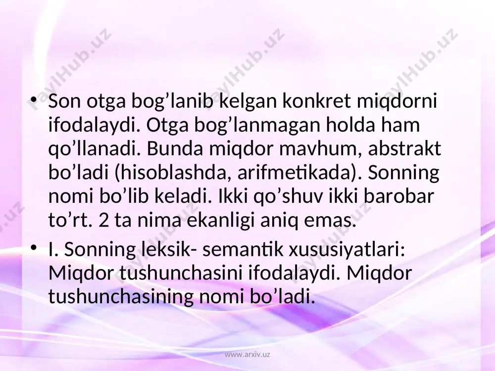 lsa, kasrli son – aralash son deyiladi: bir butun, o’ndan ikki. www.arxiv.uz www.arxiv.uz sonning ma’no turlari. sonlar ma’no va grammatik xususiyatlariga ko’ra 2 turga ajratiladi: 1. sanoq sonlar. 2. miqdor sonlar. sanoq sonlar predmetning, ish-harakatning miqdorini, sanog’ini, sonini anglatadi. sanoq sonlar predmetlarni donalab, taqsimlab, jamlab, taxmin-chamalab ko’rsatadi. sanoq sonlar quyidagi turlarga bo’linadi: 1. miqdor sonlar bir turdagi predmetlarning umumiy miqdorini bildiradi: besh, yuz, ming. miqdor sonlar hisob so’zlari bilan qo’llanadi. ular ot turkumiga mansub so’zlardir. hisob so’zlari quyidagi o’lchov birliklarini bildiradi: www.arxiv.uz www.arxiv.uz donalikni: dona, tup, bosh, tuyoq, ... butunning bo’lagini: tilim, chimdim, lagan, savat, qop,... juft predmetlarni: juft, jo’ra, pora. og’irlikni: grammm, kilogramm, pud, tsentner, tonna; uzunlikni: m, mm, km, qadam, qarich, odim, enli; suyuqlikni: litr, stakan, kosa, xovuch, xo’plam; pul qiymatini: so’m, tiyin, tanga; yosh o’lchovini: yosh, kunlik, oylik; vaqtni: asr, yil, daqiqa, hafta, sutka, kun. www.arxiv.uz www.arxiv.uz 2. dona son. bir xildagi predmetlarning yakkalab, donalab sanaladigan umumiy …
