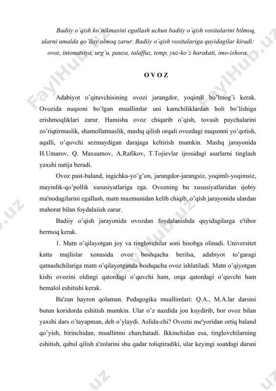 ng uchun ovozdan yuqoridagi shartlar bo’yicha me'yorida foydalanish kerak. 2. ovozning past yoki baland qo’yilishi o’qilayotgan matn mazmuniga bog’liqdir. agar lirik kayfiyat ifodalovchi, sevgi, ezgulik kabi mazmundagi bandlar, matnlar o’qilayotgapda ovoz bosiq, mayin bo’lmog’i talab qilinadi. masalan: ko’rmay desam, ko’zim ko’r emas, yurmay desam, oyog’im butun. lekin qalblar ortiq jo’r emas, hayollarga bo’laman tutqun. (mirtemir). matn mazmunida g’urur, iftixor, shodlik singari kayfiyatlar ifodalansa, ovoz baland, jarangdor bo’lishi zarur. amerika sehrli diyor uxlar edi kolumb ham hali. dengiz ortin yoritdi ilk bor. beruniyning aql mash'ali. kolumbda bor alamim manim, o’zbekiston — vatanim manim. (a. oripov). 3. ovozning past yoki baland qo’yilishi she'r tizimiga ham bog’liq. aruz she'r tizimida ovoz o’rtacha, mayin tarzda beriladi: ko’rgali husningni zoru mubtalo bo’ldim sango, ne baloliq kun edikim oshno bo’ldim sango. (a. navoiy). erkin she'r tizimiga mansub she'rlarda xitob, chaqiriq, jo’shqin kayfiyatlar ifodalangani uchun ularda ovoz baland, shiddatli beriladi: bu yo’llar ko’p qadim yo’llardir... konfutsi, shomoniy, …