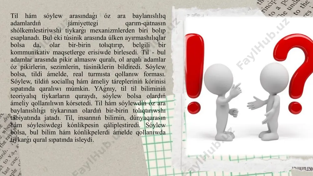 sóylew texnikasın úyreniw tek ǵana kásiplik emes, al jeke tabıslar ushın da zárúr boladı.sóylew texnikasın úyreniwdiń jáne bir áhmiyetli tárepi sonda, ol oqıwshılardı tek tildi biliwge emes, al oni kúndelikli baylanısta qollanıwda da tárbiyalaydı. oqıtıwshılar hám pedagoglar, oqıwshılarǵa sóylew texnikasın úyretiw arqalı, olarǵa tildi tek bilim sıpatında emes, al jámiette belsendi qatnasıw, óz pikirlerin anıq hám durıs bildiriw quralı sıpatında kórsetedi. solay etip, sóylew texnikasın úyreniw tek ǵana tildi úyreniwdiń ózine tán procesi emes, al oniń sociallıq hám ámeliy qollanılıwına xizmet etedi. bul process arqalı insanlar óziniń sóylesiw sheberligin arttıradı hám túrli tarawlarda tabıslarǵa erisedi. bunnan tısqarı, sóylew texnikasınıń rawajlanıwı hám onı úyreniw, jámiyettegi ulıwma sóylesiw mádeniyatınıń joqarılawına xızmet etedi. sóylewdi jaqsı biletuǵın hám onı durıs qollana alatuǵın insanlar, jámiyette basqalarǵa tásir yetiwde óz ornına iye boladı. sóylew texnikasın úyreniw tek ǵana jeke rawajlanıwǵa emes, al pútkil jámiyettiń sóylesiw mádeniyatın jaqsılawǵa da úles qosadı. solay etip, sóylew texnikasın úyreniw jámiyettegi …