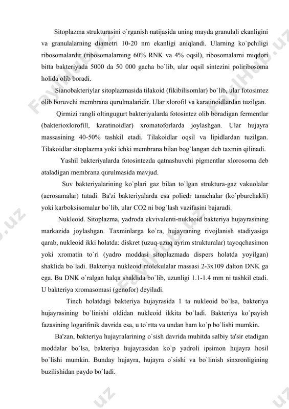 9 dalton dnk ga ega. bu dnk o`ralgan halqa shaklida bo`lib, uzunligi 1.1-1.4 mm ni tashkil etadi. u baktеriya xromasomasi (gеnofor) dеyiladi. tinch holatdagi baktеriya hujayrasida 1 ta nuklеoid bo`lsa, baktеriya hujayrasining bo`linishi oldidan nuklеoid ikkita bo`ladi. baktеriya ko`payish fazasining logarifmik davrida esa, u to`rtta va undan ham ko`p bo`lishi mumkin. ba'zan, baktеriya hujayralarining o`sish davrida muhitda salbiy ta'sir etadigan moddalar bo`lsa, baktеriya hujayrasidan ko`p yadroli ipsimon hujayra hosil bo`lishi mumkin. bunday hujayra, hujayra o`sishi va bo`linish sinxronligining buzilishidan paydo bo`ladi. baktеriya nuklеoidini hujayradagi asosiy funktsiyasi, axborotlarni saqlab, uni irsiy xususiyatni avloddan-avlodga bеrishdir. nuklеioiddan tashqari, hujayra sitoplazmasida undan yuzlab marta mayda dnk iplari ham mavjud. ular irsiyat faktorlarini tutuvchi plazmidalardir. hamma hujayralarda ham plazmidalar bo`lishi shart emas. ammo ular tufayli hujayra qo`shimcha, xususan, ko`payishda, dori moddalarga turg`unlik namoyon etishda, kasallik yuqtirish va hokazo xususiyatlarga ega bo`ladi. kiritmalar. sitoplazmada har xil shaklga ega granulalar uchraydi. ularning hosil bo`lishi mikroorganizmlar o`sadigan muhitning, …