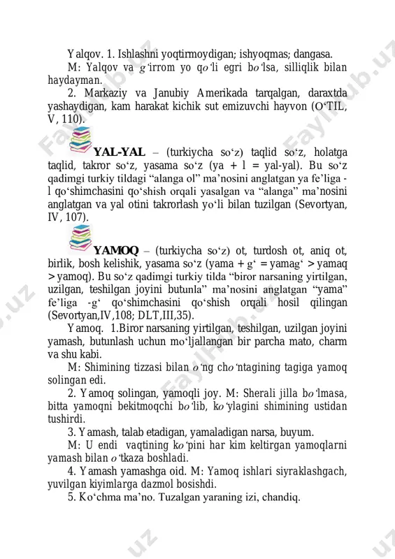 ot, turdosh ot, aniq ot, qоʻshma sоʻz ( yabaqu + qulaq = yapalaq yil). qadimgi turkiy tilda bu sоʻz “hayvonlar nomi bilan ataluvchi 12 oylik muddat” ma’nosini anglatgan ( pdp, 391; dlt, iii, 10). yil. 1. yerning quyosh atrofida bir matra aylanib chiqish muddati; оʻn ikki kalendar oyiga teng vaqt, shunday vaqtga teng оʻlchov. m: yilning tоʻrt fasli. 2. biror hodisa, voqea yuz bergan kundan boshlab оʻtgan оʻn ikki oylik vaqt. m: uning ishga kirganiga besh yil bоʻldi. 3. оʻn ikki oylik vaqt bilan hisoblanadigan kalendar tizimi. m: milodiy yil. hijriy yil. 4. astranomiyaga oid. biror planetaning quyosh atrofida bir marta aylanishida оʻtadigan muddat. m: mars yili (687 sutkaga teng), zuhra yili (225 sutkaga teng). 5. tarixiy. muchal yil hisobida оʻn ikki muchalning har biri. m: u qоʻy yilida tugʻilgan. 6. etnografik. yil oshi. m: eri xoldorbekovning yili оʻtar- оʻtmas, boyvachchaga kenja xotin bоʻlib tushdi (оʻtil, ii, 268). yoz – …