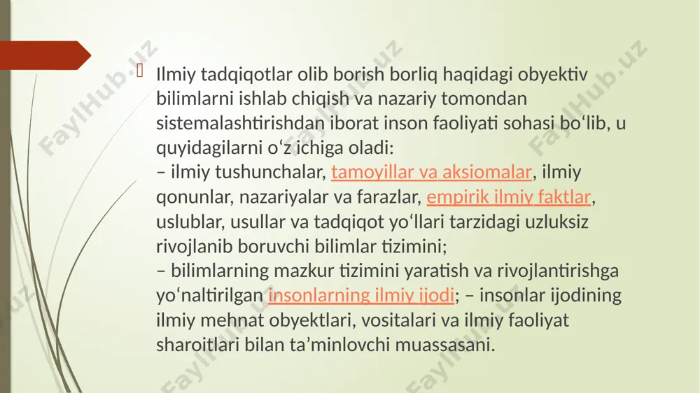 yuqorida ko‘rib o‘tilgan ilmiy bilish usullari qoidaga ko‘ra birgalikda, bir-birlarini to‘ldirgan holda qo‘llaniladi. bilish mantiqi ahamiyatli bo‘lgan, barqaror takrorlanuvchi va ayrimlikni aniqlash jarayoni sifatida tasavvur etiladi, bu o‘rganilayotgan obyektni boshqalardan farqlaydi. bilish jarayonida tirik mushohadadan abstrakt fikrlashga va undan amaliyotga o‘tish umumiy texnologiyasiga rioya etish muhimdir. mavzu yuzasidan savollar va topshirilar ilmiy atamalar deganda qanday atamalar nazarda tutiladi? ilmiy fakt nima? ilmiy tadqiqot olib borishda qanday faktlar to‘planadi? ilmiy bilimning boshlang‘ich holatlari nimalar kiradi? faraz nima? bilishning qanday usullari mavjud? qiyoslash usuli haqida tushuncha bering. /docprops/thumbnail.jpeg