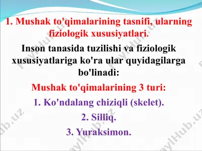 mushak to'qimalarining tasnifi, ularning fiziologik xususiyatlari. — PPTX