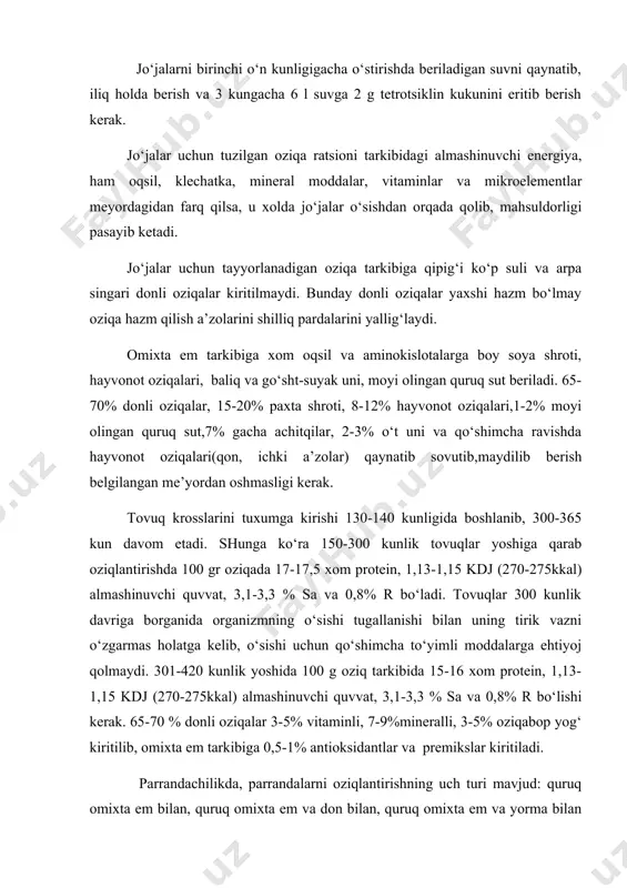 rishning uch turi mavjud: quruq omixta em bilan, quruq omixta em va don bilan, quruq omixta em va yorma bilan oziqlantirish. tomorqa xo‘jaligida tovuqlarni aralash oziqlantirish usulidan unumli foydalanish, ya’ni quruq aralashmalar, don va mahalliy oziqalar qo‘shilgan yormalar berish, oqilona echim hisoblanadi. odatda kuniga 3-4 mahal don yoki atala bilan, atalaga oziqa chqindilarini qo‘shish ham mumkin. tunda don beriladi, sovuq vaqtlarda don miqdori oshiriladi. parrandalarni vitaminlar va shirali oziqalar bilan, ildizmevalarni ho‘l aralashma(bo‘tqa, atala)tarkiiga kiritish yoki alohida berish mumkin. oziqlantirish uchun o‘simlik donlarini undirilgan holda. maysa shaklida maydalab berish xam yaxshi natijalar beradi. mineral oziqa qo‘shimchalar alohida oxurlarda beriladi. tovuqlarni tuxum berish imkoniyatlaridan samarali foydalanish uchun ikki fazali oziqlantirishdan, yani 45 haftaligigacha yuqori to‘yimlikdagi oziqalardan foydalanish, 46 hafta va undan katta yoshda tuxumning sifat kursatkichini yaxshilash maqsadida almashinuvchi energiya darajasi pasaytirish usuli qo‘llaniladi. tajribadagi broyler jo‘jalari uchun berilgan omixta emni tarkibiy qismini maxsus laboratoriyadan o‘tkazilib, to‘yimlik darajasiga qarab qo‘shimcha oziqalardan …
