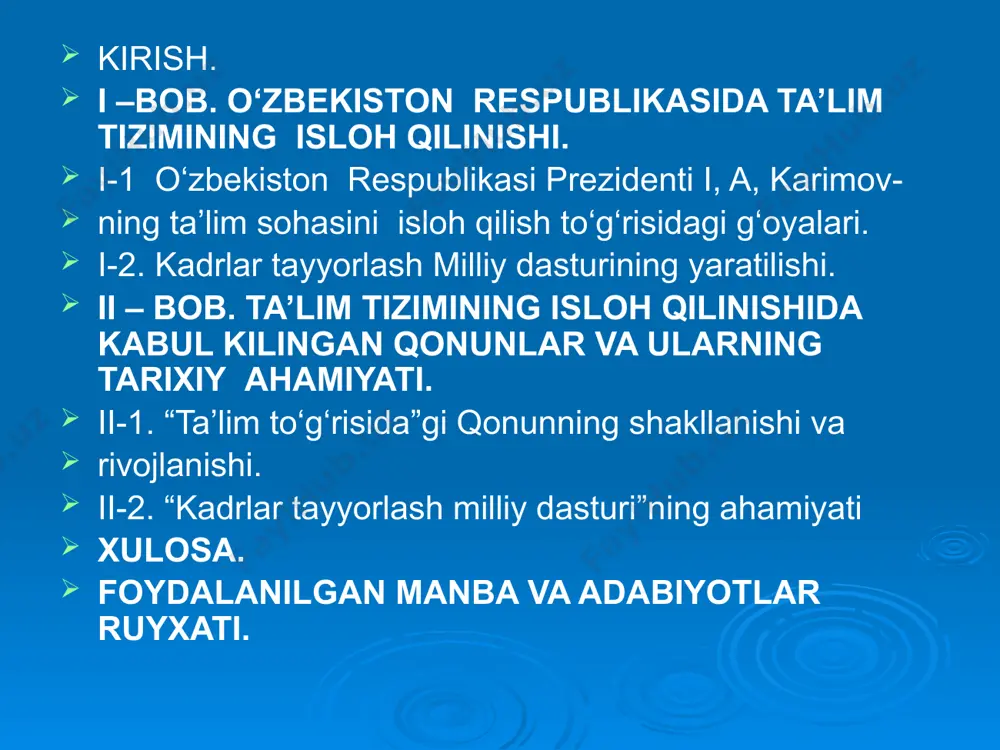 an. mazkur jihatlarni hisobga olgan holda biz usbu bitiruv malakaviy ishining mavzusi sifatida tanlab oldik tadqiqotning maqsad va vazifalari. bitiruv malakaviy ishining asosiy maqsadi mustaqillik yillarida ta’lim tizimidagi islohotlarni asosiy xususiyatlarini o’rganish va istiqlol davrida amalga oshirilgan o’zgarishlarni tahlil etishdan iboratdir. ushbu masaladan kelib chiqqan holda quyidagi vazifalar belgilandi: o’zbekiston respublikasi prezidenti i.karimovning ta’lim sohasini isloh qilish to’g’risidagi fikr va g’oyalarini o’rganish va yosh avlod ongiga singdirish; a islohotlar mohiyatini ochib berish; o’zbekiston mustaqilligi arafasida ta’lim muammolari masalalarini tahlil qilish; mutaqillik yillarida ta’lim va tarbiya sohasidagi islohotlarning mexanizmi va istiqbolini o’rganish; ta’lim to’g’risidagi huquqiy va me’yoriy hujjatlarning tahil qilish va mohiyatini hayotga tadbiq etish; ta’lim tizimidagi islohotlarda mavjud muammolarni ilmiy jihatdan o’rganish va tahil qilish natijasida olingan xulosalardan kelib chiqib, ilmiy hamda amaliy taklif hamda tavsiyalar berish. tadqiqot ob’ekti va predmeti. o’zbekistonning istiqlol yillarida ta’lim tizimidagi islohotlarnining natija va muammolarini mamlakatimiz misolida o’rganish tadqiqot ob’ekti sifatida olingan. ta’lim tizimining tarbiya …