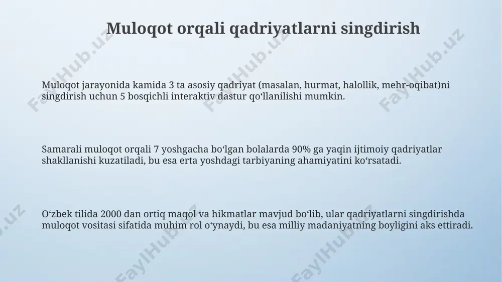 ki diniy matnlar orqali, shaxsning ma'naviy dunyoqarashini shakllantirishda muhim rol o'ynaydi, taxminan 70% ta'sir ko'rsatishi mumkin. to'g'ri muloqot madaniyatini shakllantirish to'g'ri muloqot madaniyatini shakllantirishda 3 yoshdan 7 yoshgacha bo'lgan bolalar bilan o'yinlar orqali faol nutq ko'nikmalarini rivojlantirish muhim ahamiyat kasb etadi, bu ularning ijtimoiy-emotsional rivojlanishiga 20% hissa qo'shadi. samarali muloqot madaniyatini shakllantirish uchun 5 ta asosiy omil: tinglash, empatiya, aniqlik, hurmat va konstruktiv tanqidni o'z ichiga oladi. bularning barchasi jamiyatdagi 100% o'zaro munosabatlarning sifati uchun muhimdir. muloqot madaniyatini rivojlantirishda nonverbal aloqa (mimika, imo-ishoralar)ning roli 70% ni tashkil etadi, shuning uchun tananing tili va emotsional ifodalarga alohida e'tibor qaratish lozim. ommaviy axborot vositalari va ma'naviy ta'lim internetdagi 1000 dan ortiq diniy-ma'rifiy veb-saytlar va ijtimoiy tarmoqlardagi sahifalarning ma'naviy tarbiyaga ta'sirini o'rganish, pozitiv va negativ jihatlarini aniqlash muhimdir. ma'naviy tarbiyaga oid 30 dan ortiq telekanal va radio dasturlarining mazmunini tahlil qilish, ularning samaradorligini baholashda muhim ahamiyatga ega. bu sifatli kontent yaratish uchun zarur. …