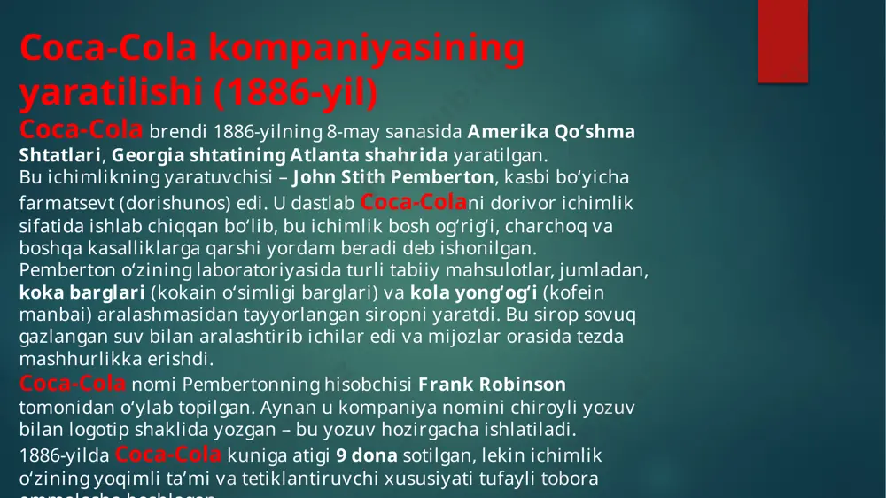 shdagi hissalar 3-reja: ipo (initial public offering) tarixi coca-cola kompaniyasining birinchi marotaba ipo o‘tkazishi (1919-yil). 🏛 coca-cola kompaniyasining birinchi marotaba ipo o‘tkazishi (1919-yil) 1. sana: coca-cola kompaniyasi birinchi bor 1919-yilning 5-sentyabrida ommaviy aksiyalar chiqarish (ipo) orqali aksiyadorlik jamiyatiga aylandi. 2. nega ipo qilindi? 1919-yilda ernest woodruff boshchiligidagi investorlar guruhi coca-cola kompaniyasini asa candlerdan 25 million dollarga sotib oldi. bu katta xaridni moliyalashtirish uchun kompaniya ipo o‘tkazdi, ya’ni aksiyalarni ommaga sotdi. 3. birinchi aksiyalar savdosi: coca-cola aksiyalari new york stock exchange (nyse) orqali savdoga chiqarildi. aksiyalar odamlarga ochiq ravishda taqdim etildi — bu kompaniya tarixida birinchi marta sodir bo‘ldi. bu orqali coca-cola kompaniyasi shaxsiy biznesdan xalq mulkiga aylangan kompaniyaga aylandi. 4. ipo natijasi: coca-cola ipo orqali kerakli kapitalni to‘pladi va kompaniya yangi rahbariyat ostida rivojlanishni boshladi. kompaniya o‘z faoliyatini butilkalash, marketing va xalqaro kengayish yo‘nalishlarida kuchaytirdi. bu ipo coca-cola tarixida burilish nuqtasi bo‘ldi — kompaniya asta-sekin jahon bozoriga yo‘l oldi. 5. …