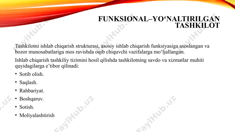 nazariyotchilari ijtimoiy tizimlar maktabi boshqaruvini tashkil qilish maqsadida: tizimli yondoshuv asoslarini ishlab chiqishadi; yaxlit tizim bilan uning qismlari munosabatlari masalalarini koʻrib chiqishadi; bir qancha oʻzgaruvchi omillarning boshqaruvga boʻlgan ta’sirini oʻrganishadi. “tizimli” yoki zamonaviy menejment tizimli yondoshuv tizim - bu bir-biri bilan oʻzaro bogʻlangan qismlar. har bir qism yaxlit tizimning oʻzgarishiga oʻz xissasini qoʻshadi. tashkilot - bu yaxlit ochiq tizimdir. uning taqdiri tashqi va ichki muxitga bogʻliq. tizimli yondoshuvda tashkilotni boshqarishda asosan uni ichidagi, tarkibidagi muxitga (iqtisodiy, ilmiy-texnik, ijtimoiy-siyosiy) e’tibor beriladi. vaziyatli yondoshuv garchi tizimli yondoshuvda yaxlit tashkilot qanday qismlardan tashkil topgan degan savolga javob topaolsak-da, biroq bu qismlarning qaysi biri muxim, qaysi biri ikkinchi yoki uchinchi darajali ekanligiga e’tibor qaratilmaydi. yaxlitning qaysi bir qismi oʻta muxim degan savolga vaziyatli taxlil javob beradi. bunda tashkilotning ichki tarkibidagi oʻzgarishlar tashqi muxitning ta’siri bilan bogʻlab oʻrganiladi. ammo turli darajadagi vaziyat turli darajadagi bilimni talab qiladi. funktsional yondoshuv boshqaruvga tashkiliy mexanizmlarning eng oqilona yoʻllarini …