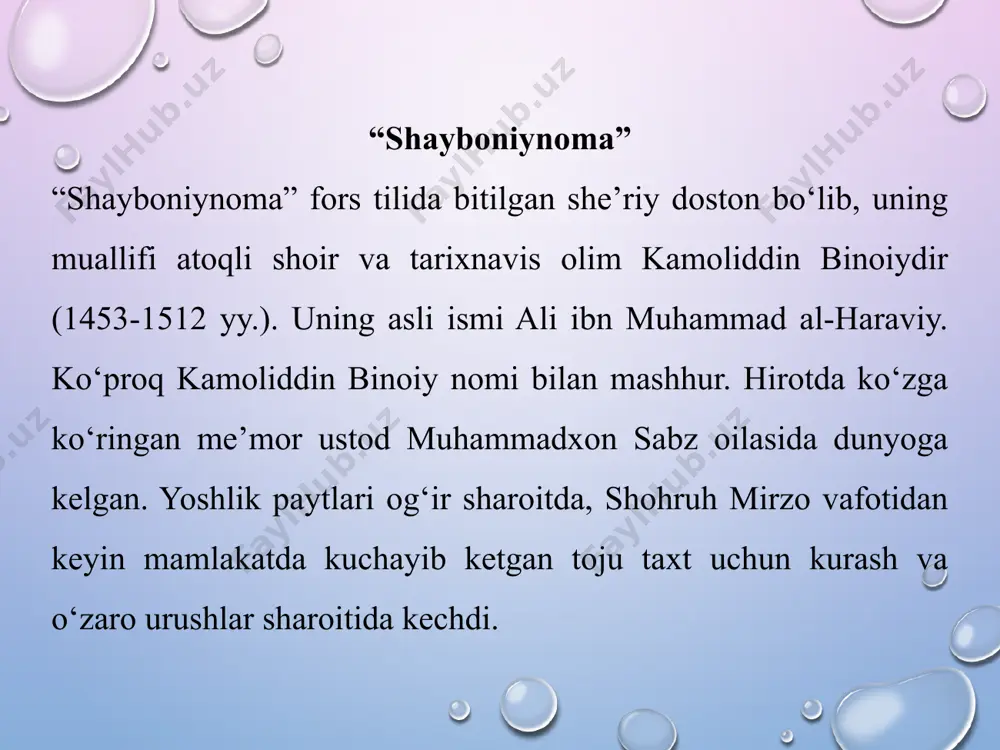 di. ma’lumki, xviii asrning birinchi choragida buxoro xonligining iqtisodiy va siyosiy ahvoli zaiflashadi, ulus boshliqlarining, ya’ni mahalliy hukmdorlarning mustaqillik uchun olibborgan harakati kuchaydi, ularning ayrimlari, masalan, balx va samarqand markaziy hukumatga bo‘ysunmay qo‘ydilar, farg‘ona xviii asr boshlarida, 1709 yili ashtarxoniylar davlatidan ajralib chiqdi va o‘lkada mustaqil qo‘qon xonligi tashkil topdi, 1722 yili samarqand ham mustaqillik e’lon qildi va rajabxon ismli k image3.png image4.png image5.png image1.png /docprops/thumbnail.jpeg