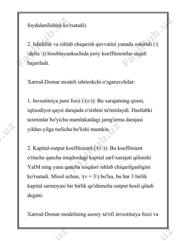 orligini e'tiborga olmaslik bilan bog'liq murakkabliklarni yuzaga keltirishi mumkin. uchinchidan, model rivojlangan va rivojlanayotgan mamlakatlar uchun muhim tavsiyalar beradi. masalan, rivojlanayotgan mamlakatlarda jamg'arish darajasini oshirish va kapital samaradorligini yaxshilash orqali iqtisodiy o'sishni rag'batlantirish mumkin. shuningdek, rivojlangan mamlakatlarda kapitalning samaradorligini oshirish orqali barqaror iqtisodiy rivojlanishga erishish mumkin. xarrod-domar modeli har safar ko'plab tanqidlarga sabab bo'lsa-da, u iqtisodiy o'sish jarayonlarini tahlil qilishda muhim dastlabki yondashuvlardan biri hisoblanadi. bu model asosida keyingi nazariyalar va amaliyotlar rivojlandi, jumladan solow modeli va boshqalar. yuqoridagi raqamli parametrlar asosan iqtisodchi va tadqiqotchilar tomonidan o'rganilishi lozim bo'lgan asosiy tushunchalardir. ushbu modelda ko'rsatilgan sarmoya va jamg'arishning muhimligi rivojlanish strategiyalari uchun yo'l xaritasi sifatida foydalaniladi. eng optimal yechimlarni topish va barqaror iqtisodiy o'sishni ta'minlash uchun bu modelning tamoyillari amalda qo'llanilishi zarurdir. 3. solou modeli asoslari sizga solou modeli asoslari bo'yicha ma'lumotlar kerak ekan. quyida ushbu model haqida asosiy ma'lumotlarni keltiraman. --- solou modeli, to‘liq nomi robert solou tomonidan ishlab chiqilgan …