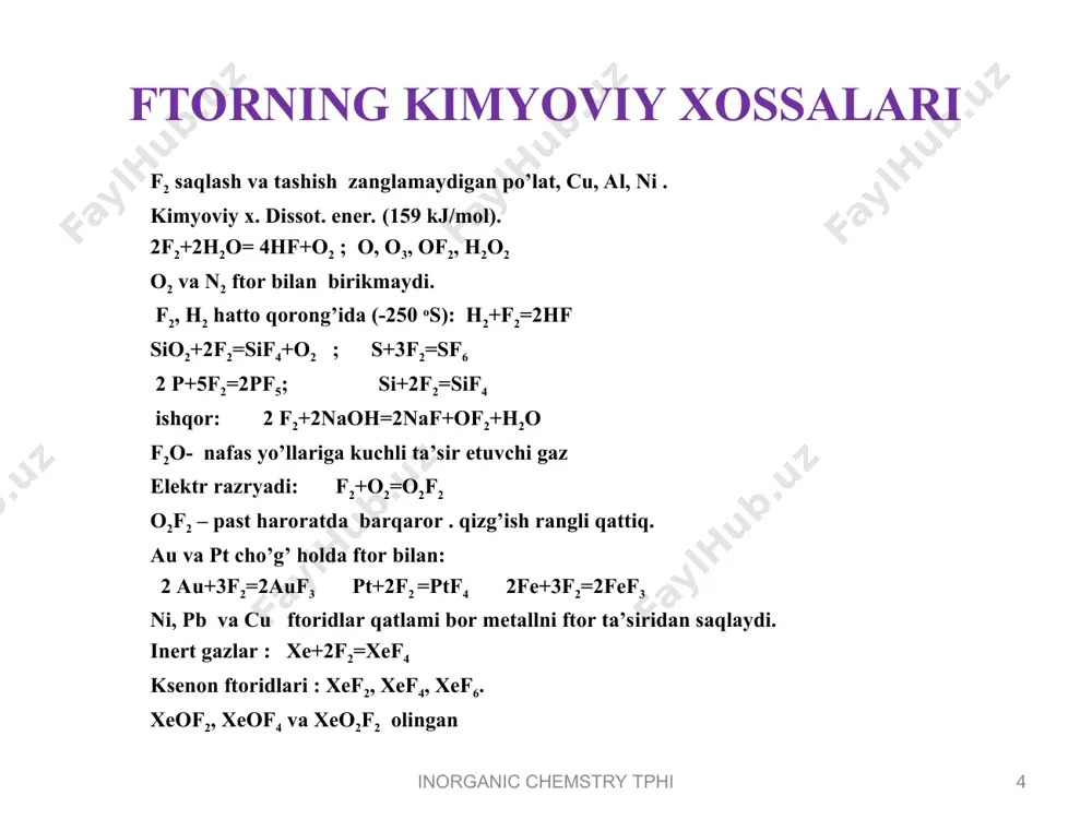 cl + co2 = caco3 + cl2 xlorning kislorodli birikmalari * inorganic chemstry tphi inorganic chemstry tphi s + 2cl2o = 2cl2 + so2 cl2o + 6naон = 4nacl + 2naclo3 + 3h2o hclo va tuzlarii oksidlovchilar. 3ксlo + 4kmno4 + 2h2o = 4mno2 + 3kclo3 + 4koh 2сaclocl + h2o + co2 = cacl2 + caco3+ 2hclo hclo → hcl + o cl2o olinishi: 2сl2 + hgo = hgcl2 + cl2o xlor (iv) oksid – clo2. o’tkir hidli, sarg’ish- rangli, saqlansa o’z-o’zidan portlaydigan gaz (q.h. 11 os, ). 2clo2+h2o= hclo2+hclo3 2clo2+2naoh= naclo2+naclo3+h2o clo2 ni olish: 2naclo3+so2+h2so4= 2nahso4 +2clo2 3hclo3 = 2clo2 + h2o + hclo4 * inorganic chemstry tphi inorganic chemstry tphi kuchli oksidlovchi: р + сlo2 + 2h2o = h3po4 + hcl naclo2 – oqartaruvchi, kir yuvish kukunlariga qo’shiladi. xlorit kislotaga to’g’ri keladigan cl2o3 mavjud emas. hclo2 suvdagi eritmalarda mavjud . ( k=5*10-3). xlor trioksidi – сlo3, qoramtir …