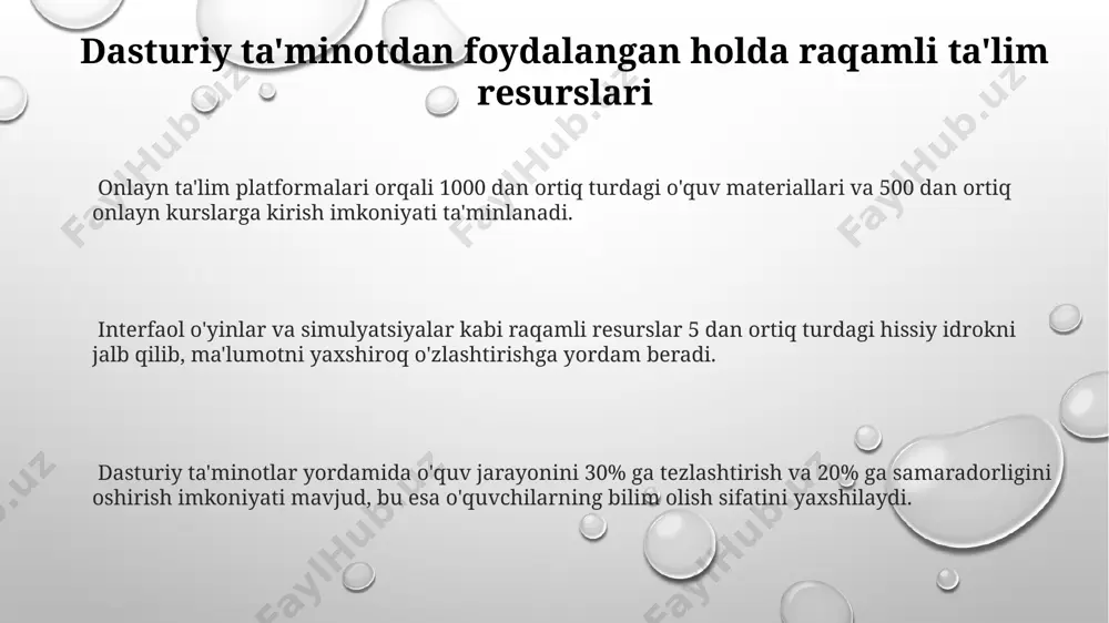 15 dan ortiq interaktiv vazifalarni taklif qiladi. raqamli ta'lim resurslarining turlari interfaol o'yinlar va simulyatsiyalar, jumladan, 20 dan ortiq turdagi testlar va mashqlar, o'quv jarayonini qiziqarli va samarali qilishda muhim rol o'ynaydi, bilimni mustahkamlashga yordam beradi. onlayn ta'lim platformalari, masalan, moodle yoki google classroom kabi, 5000 dan ortiq ta'lim resurslarini o'z ichiga olgan holda, o'qituvchilar va o'quvchilar uchun birlashtiruvchi muhit yaratadi. raqamli ta'lim resurslari 3d modellashtirish, virtual va kengaytirilgan reallik texnologiyalarini o'z ichiga olgan holda, o'quv jarayonini yanada interaktiv va tushunarli qiladi, 10 dan ortiq turdagi dasturlar mavjud. e'tiboringiz uchun rahmat @taqdimot_robot image1.png image2.png image3.png
