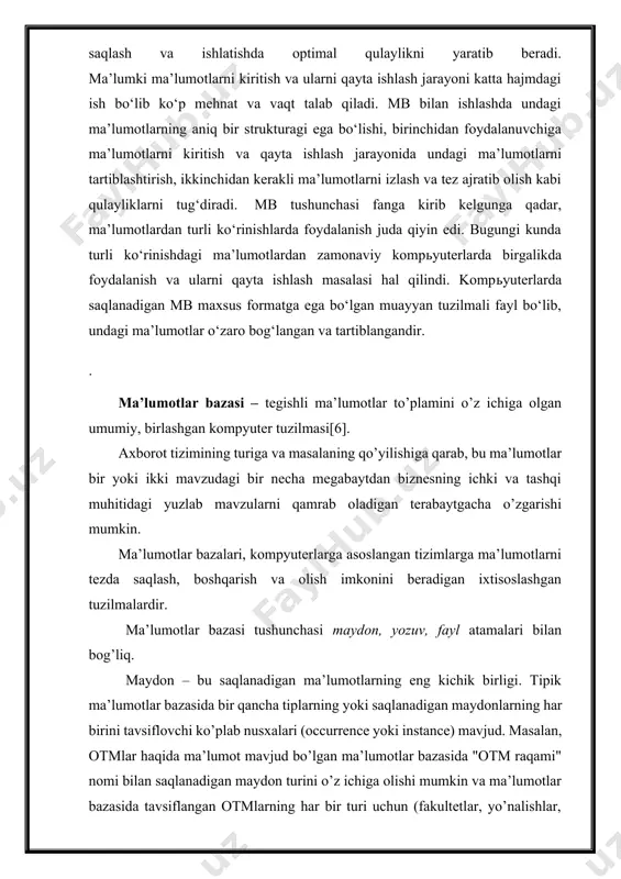 nadigan maydonlarning tegishli nusxalari guruhidan iborat. fayl - bu bir xil turdagi saqlangan yozuvlarning barcha mavjud nusxalari to’plami. oddiylik uchun har qanday berilgan fayl faqat bitta turdagi saqlanadigan yozuvlarni o’z ichiga olishi mumkin deb qabul qilinadi. ushbu soddalashtirish keyingi mulohazalarga jiddiy ta’sir ko’rsatmaydi. ma’lumotlar bazasini loyihalash uchun axborot va ma’lumotlar o’rtasidagi farqni tushunib olish kerak. axborot - bu ma’lumotlarning ma’nosini ochib berish uchun qayta ishlash natijasidir. axborotdan qaror qabul qilish uchun asos sifatida foydalanish mumkin. masalan, otm professor-o’qituvchilari haqidagi ma’lumotlarning qisqacha tavsifi attestatsiya organlariga otm uchun attestatsiyani o’tkazish yoki o’tkazmaslikni belgilashda foydali bo’lgan tushunchalarni beradi. ushbu misoldan ko’rinib turibdiki, ma’lumot o’z vaqtida va aniq ma’lumotlarni talab qiladi. bunday ma’lumotlar to’g’ri yaratilishi va ularga kirish va qayta ishlash oson bo’lgan formatda saqlanishi kerak. bundan tashqari, har qanday asosiy manba kabi ma’lumotlar muhiti ehtiyotkorlik bilan boshqarilishi kerak. nazariya sqlning to'g'ri talaffuzi ma'lumotlar bazasi doirasidagi shubhali masala. sql standartida, amerika milliy standartlar instituti …