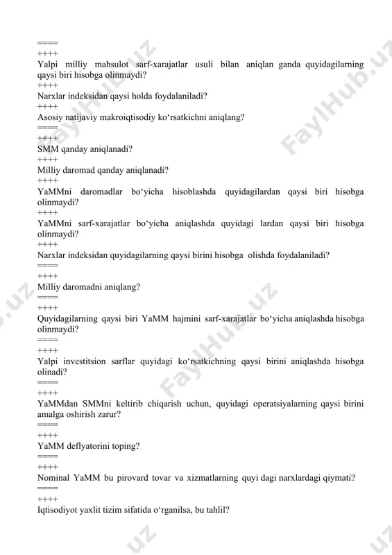o‘tilganlardan qaysi biri ta’sir qilmaydi? ==== ++++ real investitsiya quyidagi yo‘nalish bo‘yicha amalga oshirilmaydi: ++++ aholi iste’moli va pul jamg‘armalari darajasini belgilaydigan asosiy omil nima? ++++ aholi iste’moli va pul jamg‘armalari o‘rtasidagi nisbatga qanday omil ta’sir ko‘rsatadi? ++++ shaxsiy daromad 150000 so‘m bo‘lib uning 130000 so‘mi is- te’molga ketsa, iste’molga o‘rtacha moyillik necha foizni tashkil qiladi? ++++ 220000 so‘m shaxsiy daromaddan 50000 so‘m jamg‘arma sifatida ishlatilsa, jamg‘armaga o‘rtacha moyillik necha foizni tashkil qiladi? ++++ quyidagilardan qaysi biri investitsiyalarning ichki manbai hisoblanadi? ++++ quyidagilardan qaysi biri investitsion faollik haqida xulosa chiqarish imkonini beradi? ++++ investitsiyalar darajasini belgilaydigan asosiy omil nima? ++++ agar diqqat markazida mamlakatning iqtisodiy, harbiy-siyosiy potensiali tursa, iqtisodiy o‘sish quyidagi ko‘rsatkichlar orqali o‘lchanadi: ==== o‘rtacha mehnat unumdorligining o‘sishi; ==== yaim (yamm), milliy daromadning o‘sish sur’ati; ==== #mehnatning kapital bilan qurollanishi o‘sish sur’ati; ==== kapital qaytimining o‘sishi; ==== ishlab chiqarish omillarining o‘sish sur’ati. ++++ agar, aholining turmush darajasini taqqoslash zarurati …