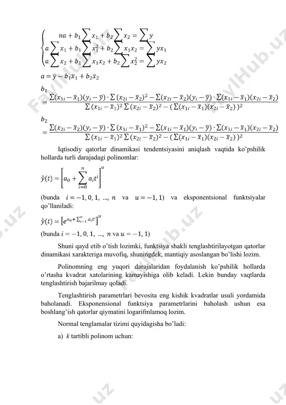 logarifmlab, parametrlarini eng kishik kvadratlar usuli yordamida aniqlash mumkin. 2. ko’p omilli ekonometrik modellarni baholashda matritsa usuli 8 ta oilalarning byudjeti bo’yicha quyidagi shartli ma’lumotlar mavjud: oila jamg’armasi, mln. so’m, () daromadi, mln. so’m () mol-mulki, mln. so’m () 1 20 12 180 2 40 14 160 3 30 11 160 4 22 8 140 5 16 6 120 6 10 8 120 7 20 12 180 8 40 14 160 topshiriq · ko’p omilli chiziqli regressiya tenglamasining parametrlarini matritsa usulida hisoblang. · 15 mln. so’m daromad va 190 mln. so’m mol-mulkka ega oila jamg’armasini qanday bo’lishini baholang. · oilaning mol-mulki o’zgarmagan holda daromadi 5 mln. so’mga oshsa, jamg’arma o’sishini baholang. · agar oilaning daromadi 3 mln. so’mga a va mol-mulki qiymati 5 mln. so’mga oshsa, oila jamg’armasi qanday o’zgarishini baholang. echilishi: ● ko’p omilli chiziqli ko'rinishidagi tenglamani tuzamiz. quyidagi matritsalarga egamiz: x matritsa uchun transponirlangan matritsani quramiz. transponirlangan matritsa …