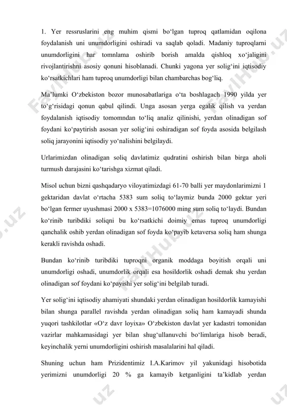 an shug‘ullanuvchi bо‘limlariga hisob beradi, keyinchalik yerni unumdorligini oshirish masalalarini hal qiladi. shuning uchun ham prizidentimiz i.a.karimov yil yakunidagi hisobotida yerimizni unumdorligi 20 % ga kamayib ketganligini ta’kidlab yerdan foydalanuvchilarga tuproq unumdorligini oshirish masalalarini tezda amalga oshirishni ta’kidladi. 2. yer solig‘ini ishlab chiqishda har bir hudud, viloyat, tuman, xо‘jaliklar uchun ularni tuproq tiplarini mexanik tarkibini hisobga olgan holda ishlab chiqiladi. bunda asosan negizli bonitirovka shkalasi tuproq bonitirovkasini ishlab chiqishni asosi hisoblanadi, chunki shu bonitirovka asosida yer ya’ni tuproq narxi baholanadi. bunda asosan respublikamizda irrigatsion, avtomorf irrigatsion, gidromorf va ularni о‘tuvchi tuproq tiplari asos qilib olinadi. negizli shkala. t.r tuproq tipini nomlanishi mexanik tarkibiga asosan ball qumli qumoq yengil qumok о‘rta qumoq og‘ir qumoq gletsli bо‘z tuproqlar mintaqasi 1 irrigatsion avtomorf tuproq sug‘oriladigan tо‘q tusli bо‘z tuproq - - 90 100 90 80 2 sug‘oriladigan tipik bо‘z tuproq - - 90 100 90 80 3 sug‘oriladigan och tusli bо‘z tuproq - …