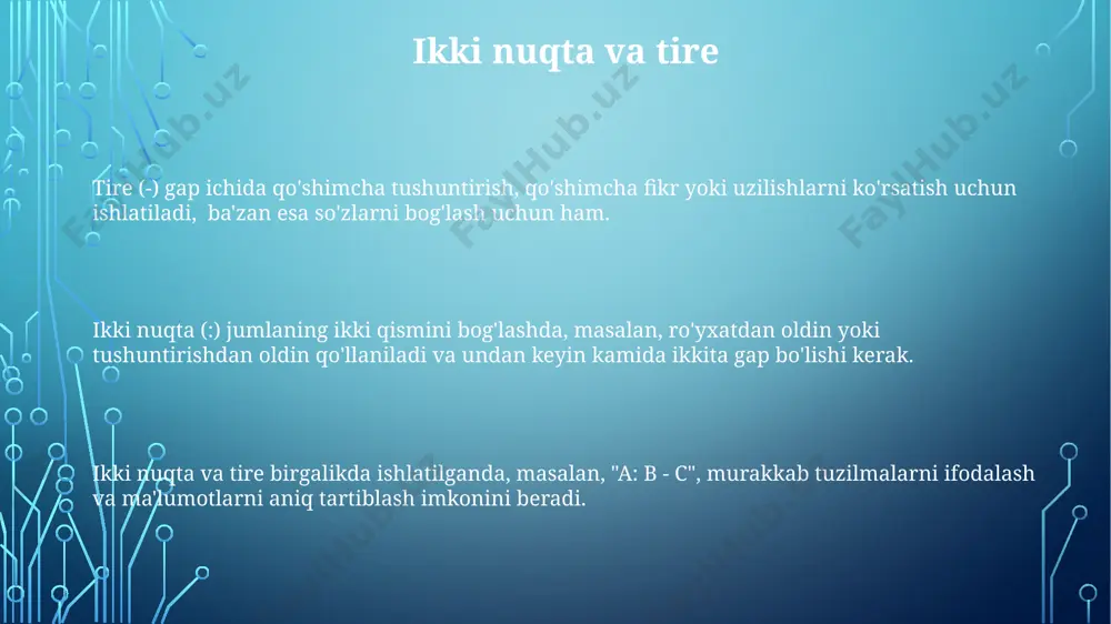 bu 4 ta belgidan kamroq. qisqartmalar odatda ikki yoki undan ortiq so'zlarning birinchi harflaridan tuziladi, masalan, “o‘zbekiston respublikasi” uchun “o‘zr” qisqartmasi ishlatiladi va bu 2 ta harfdan iborat. nuqta va vergul нуқта ва вергул орасидаги асосий фарқ, нуқта мустақил гапларни, вергул эса бир хил тузилмали 2 ёки ундан ортиқ содда гапларни ёки бир мураккаб гапнинг бир-бирига боғлиқ бўлимларини ажратишда ишлатилишидир. вергул, нуқтадан фарқли равишда, ролнинг ўзгаришини, қўшимчаларни, мурожаатларни ва такрорларни ажратиш учун ҳам ишлатилади, бу нуқта учун 3 тадан ортиқ функцияни ўз ичига олади. нуқта ва вергулнинг ўринбосар сифатида тире ва нуқтали вергул каби бошқа тинтуру белгилари ҳам ўз функциялари билан матнга аниқлик ва тўлиқлик бағишлайди, уларнинг жами 10 га яқин турлари мавжуд. e'tiboringiz uchun rahmat @taqdimot_robot image1.png image2.png image3.png image4.png image5.png