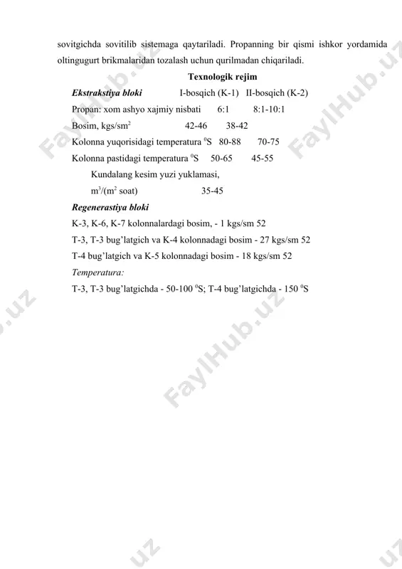 enziya 1-yig’gichga tushib, u erdan 2-vakuum filtrning 1-bosqichiga oqib o’tadi. 1-bosqich filtrati 7-vakuum yig’gichda yig’iladi. 17-nasos orqali regenerativ kristallizatorlardan o’tib, 12- issiqlik almashgichdan o’tib, erituvchini regenerastiyalash bo’limiga uzatiladi. qoldiq 22-kristallizatorlarda sovutilgan sovuq erituvchi bilan yuviladi. 20-rasm. moy fraksiyalarini juft erituvchilar yordamida tozalash 1-bosqich 2-filtratdan olingan qoldiq erituvchi bilan aralashtirilib olingan suspenziya 3-yig’gichda yig’iladi. bu erdan suspenziya 9-nasos orqali olinib, 4-ig’gicha yig’ilib, 2-bosqich 5-vakuum filtrga beriladi. 2-bosqich filtrati 8-vakuum yig’gichda yig’ilib, 23-nasos orqali 21-kristallizatordan so’ng 20-kristallizatordan chiqayotgan sovuq suspenziyaga qo’shiladi. 2-bosqich filtratidagi qoldiq erituvchi bilan yuvilib 6-yig’gichda yig’iladi, u erdan suspenziya erituvchini regenerastiyalash bo’limiga uzatiladi. distillyat va qoldiq xom-ashyoni filtrlash haroratlari quyida keltirilgan: distillyat xom-ashyosi qoldiq xom-ashyosi 1- bosqich -25 ÷ -28 -23 ÷ -25 2- bosqich -15 ÷ -18 -13 ÷ -15 adabiyotlar: 1. берлин м.а., гореченко в.к., волков н.п. переработка нефтяных и природных газов. м., химия, 1981. 472с. 2.смидович е.в. технология переработки нефти и газа, ч. 2; учеб. для …