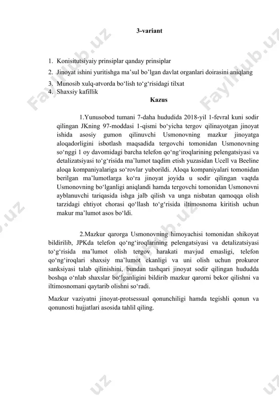 b qilish va unga nisbatan qamoqqa olish tarzidagi ehtiyot chorasi qo‘llash to‘g‘risida iltimosnoma kiritish uchun makur ma’lumot asos bo‘ldi. 2.mazkur qarorga usmonovning himoyachisi tomonidan shikoyat bildirilib, jpkda telefon qo‘ng‘iroqlarining pelengatsiyasi va detalizatsiyasi to‘g‘risida ma’lumot olish tergov harakati mavjud emasligi, telefon qo‘ng‘iroqlari shaxsiy ma’lumot ekanligi va uni olish uchun prokuror sanksiyasi talab qilinishini, bundan tashqari jinoyat sodir qilingan hududda boshqa o‘nlab shaxslar bo‘lganligini bildirib mazkur qarorni bekor qilishni va iltimosnomani qaytarib olishni so‘radi. mazkur vaziyatni jinoyat-protsessual qonunchiligi hamda tegishli qonun va qonunosti hujjatlari asosida tahlil qiling. 4-variant 1 mutaxasis va ekspert o’rtasidagi farqlarni trahlil qiling 2 .jinoyat protsessida ishtirok etuvchi boshqa shaxslar kimlar . 3. jinoyat protsessi huquqiy faoliyatlari deganda nimani tuhunasiz 4. jinoyat protsessi qaysi huquqiy fanlar bilan bog’liq kazus 1.xorijiy davlat diplomatik vakolatxonasining vakili nasibov mansabini suiste’mol qilib chet el vizasini olish uchun murojaat qilgan salimovdan tovlamachilik qilib, vakolatxonadan tashqarida 300 aqsh dollari miqdorida pora olganligi fosh etilgan. nasibov …