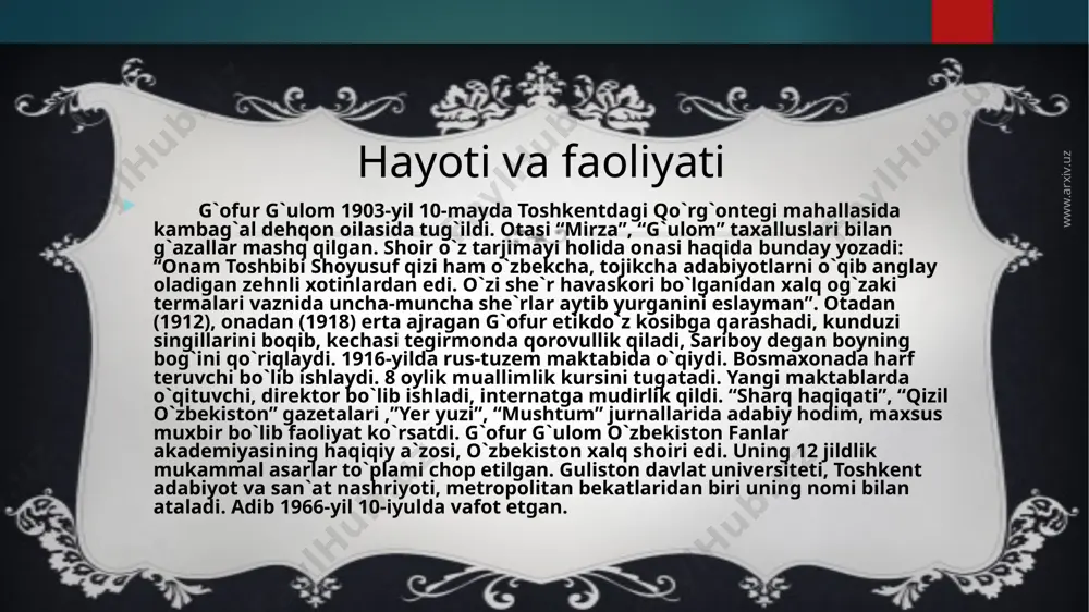 “bog`”, “yalovbardorlikka” “alisher”, “kuzatish”, “sog`inish”,”sen yetim emassan”, “ona”, “bizning ko`chada ham bayram bo`lajak”, “men yahudiy”, “oltin medal”, “bari seniki”, “bilib qo`yki, seni vatan kutadi”, “surnay”, “go`zallik nimada?”, hamza xotirasi”, “sharaf qo`lyozmasi”, “bahor ohanglari” she`riy to`plamlari: she`rlari: “dinamo”(1931) “tirik qo`shiqlar”(1932) “sharqdan kelayotirman”(1946) she`riy asarlari: www.arxiv.uz she`riy asarlari: “ko`kan”(1933, poema) “to`y”, “vasiqa” (ballada) “sog`inish” (1942) she`ri qahramoni otaga mehrparvarlik, bolajonlik, kelajakka ishonch bilan qarash va insoniylik xos. she`rda insonning insonga, ota-onaning farzandga, sevishganlarning bir-biriga, farzandning vatanga va umuman ona zaminga cheksiz muhabbati, hayotga cheksiz sadoqati badiiy ifoda qilingan. unda “o`zbek otasi”ning bo`rtma, umumiy va yaxlit siymosi yaratilgan www.arxiv.uz ye, o`g`lim, jonginang salomat bo`lsin, o`z bog`ing, o`z mevang danagin saqla. shu meros bog`ingni o`z qo`lingga ol, menga topshirilgan merosiy haq-la. nasriy asarlari: www.arxiv.uz “hiylayi shar`iy” “mening o`g`rigina bolam” (1965) “hasan kayfiy” (1965) “kim aybdor?” “eng rasvo nomozi asr” “qizaloq” (1928) “afandi o`lmaydigan bo`ldi”(1965) “elatiyada bir ov” “chorbozchi” hikoyalar to`plami: hikoyalari: “yigit” “kulgi hikoyalar” …