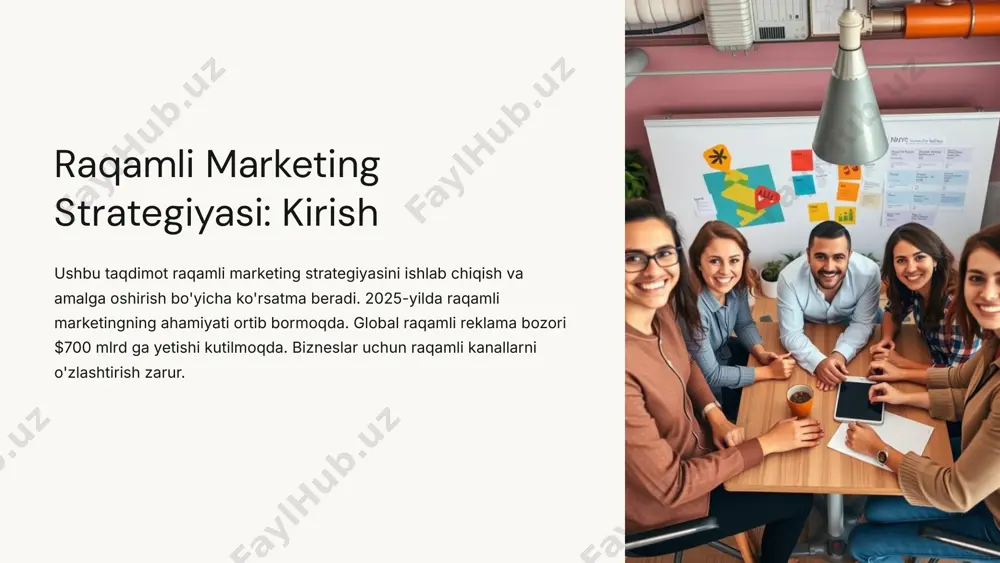 6 raqamli reklama: asosiy vositalar raqamli reklama uchun asosiy vositalardan foydalanish muhim. pay-per-click (ppc), google ads va banner reklamalaridan foydalanish mumkin. ijtimoiy media platformalarda to'lovli reklamalar ham mavjud. reklamaning roi ni kuzatish va optimallashtirish kerak. 1 ppc reklama 2 google ads 3 banner reklamalar 7 ma'lumot analitikasi va o'lchov asboblari ma'lumot analitikasi va o'lchov asboblaridan foydalanish zarur. kpi: ctr, konversiya darajasi, roi ni kuzatish kerak. google analytics va boshqa kuzatuv platformalaridan foydalanish mumkin. real vaqt rejimida natijalarni o‘lchashning afzalliklari katta. kpi kuzatuvi ctr konversiya darajasi roi asboblar google analytics boshqa platformalar 8 amalga oshirish: resurslar va rejalar amalga oshirishda resurslar va rejalarni aniqlash muhim. jamoa rollarini taqsimlash kerak: strateglar, dizaynerlar, texnik xodimlar. amalga oshirish grafigi va muddatli vazifalarni belgilash zarur. texnologiyalarni tanlash kerak: crm, automation vositalari. jamoani shakllantirish 1 vazifalarni belgilash 2 texnologiyalarni tanlash 3 9 ko'rinayotgan xatolar va ularni oldini olish ko'rinayotgan xatolarni oldini olish muhim. nomaqsadli auditoriyani tanlashning …