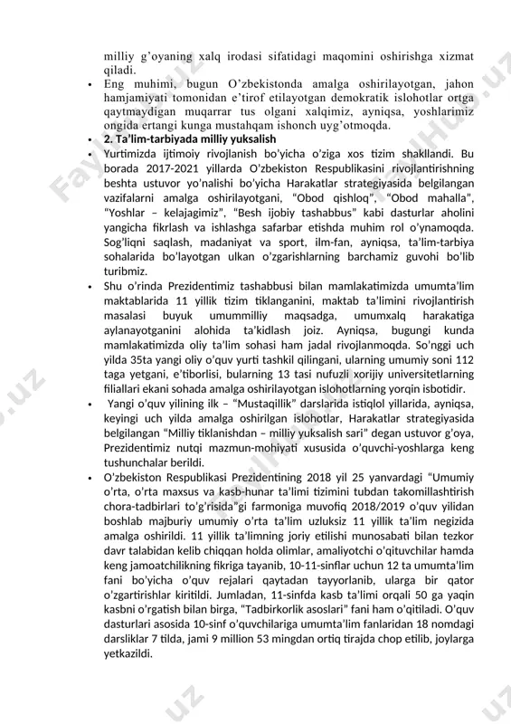 darajasining yuqsalishi bilan uyg’un holda kechmoqda. · o’zbekiston fuqarolarining xuquq va manfaatlarini ular dunyoning qaysi burchagida bo’lmasin, davlat tomonidan ishonchli himoya qilish reallikka aylanib borayotgani, bu borada barcha zarur mexanizmlar ishga solinayotgani jamiyat a’zolarining o’z xalqi va vatanidan faxrlanish tuyg’usini, davlatning adolat va qonuniy huquqlar kafolati sifatidagi salohiyatiga bo’lgan ishonchini oshirmoqda. · harakatlar strategiyasi asosida kechayotgan shiddatli islohotlar xalqning kelajakka ishonchini mustahkamlash, uni bunyodkorlik ishlariga safarbar qilish, jamiyatda uchrayotgan illatlar, xususan, loqaydlik, boqimandalik va korrupsiya kabi holatlarga qarshi faol kurashishga da’vat etmoqda. · “xalq davlat organlariga emas, davlat organlari xalqqa xizmat qilishi kerak”. “inson manfaatlari xamma narsadan ulug’”, “xalq boy bo’lsa, davlat ham boy va qudratli bo’ladi”. “xalq bizdan rozi bo’lsa, ishimizda unum va baraka bo’ladi”, “adolat–qonun ustuvorligida”, “ma’naviyat bo’lmagan joyda xech qachon adolat bo’lmaydi!”, “insonlarning dardu tashvishlarini o’ylab yashash–odamiylikning eng oliy mezonidir” singari tamoyillar hayotga joriy qilinmoqda. bu esa milliy g’oyaning xalq irodasi sifatidagi maqomini oshirishga xizmat qiladi. · …