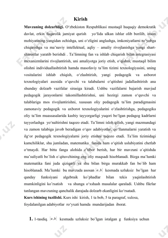 uqtada yaqinlashuvchi uzluksiz funksiyalar ketma-ketligi bunday xossaga ega bo’lishi shart emas. masalan, ketma-ketlik kesmaning har bir nuqtasida nolga yaqinlashishi turgan gap, ammo da munosabatga ega bo’lamiz . ( bu yerda biz almashtirishdan foydalandik). eslatib o’tamiz, agar funksiya kesmaning har bir ichki nuqtasida differensiallanuvchi bo’lib, a nuqtada o’ng hosilaga va b nuqtada chap hosilaga ega bo’lsa va bundan tashqari, shunday aniqlangan funksiya kesmaning har bir nuqtasida uzluksiz bo’lsa, bunday funksiyani kesmada uzluksiz differensiallanuvchi deb atagan edik. 2-teorema. faraz qilaylik, funksiyalar kesmada uzluksiz differensiallanuvchi bo’lib, hosilalar ketma-ketligi shu kesmada tekis yaqinlashsin. agar sonli ketma-ketlik biror da yaqinlashsa, u holda: (i) funksional ketma-ketlik biror funksiyaga tekis yaqinlashadi; (ii) limit funksiya kesmada uzluksiz diffeensiallanuvchi bo’ladi; (iii) quyidagi tenglik bajariladi. isbot. agar ketma-ketlik kesmada biror funksiyaga tekis yaqinlashsa, limit funksiya shu kesmada uzluksiz bo’ladi. faraz qilaylik, sonli ketma-ketlik a soniga yaqinlashsin. u holda , quyidagi nyuton-leybnits formulasida deb limitga o’tsak, 1- teoremaga ko’ra, o’ng tomondagi …