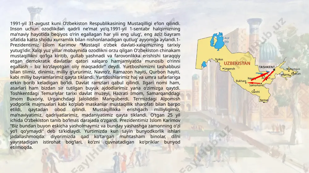7]. 1994 1994-yil 30-avgustda mustaqilligimizning 3-yilligiga bagʻishlab nominal qiymati 10 soʻm boʻlgan ikki turdagi esdalik tangalari muomalaga chiqarildi[8]. 1994-yilda oʻzbekiston mustaqillik kubogi uchun futbol turniri paydo boʻldi. musobaqa toshkentning „paxtakor“ markaziy stadionida boʻlib oʻtadi, uning gʻolibi „kristal toʻp“ bilan taqdirlanadi. musobaqa 1994-yilda bir qator gollandiya kompaniyalari tomonidan homiylik qilingan. oʻyinlar 3-sentyabr kuni boshlandi. ular, jumladan, nbc kanalida yevropa va aqshga televidiniyalariga uzatildi[9]. 1995 1995-yil 30-avgustda prezident islom karimovning „oʻzbekiston respublikasi mustaqilligining toʻrt yilligi munosabati bilan mukofotlash toʻgʻrisida“gi farmoni eʼlon qilinib, unga koʻra bir qator oʻzbekiston fuqarolari oʻzbekiston qahramoni unvoni bilan taqdirlandi[10]. 1995-yil 1-sentabrda mustaqillik maydonida boʻlib oʻtgan tantanalar chogʻida islom karimov bayram ishtirokchilari va butun oʻzbekiston xalqiga bayramona nutq soʻzladi[11]. 1996 1996-yil avgust oyida „oʻzbekiston markasi“ nashriyot markazi oʻzbekiston aloqa vazirligi bilan hamkorlikda bayramga bagʻishlangan „mustaqillik“ pochta blokini chiqardi. markada oʻzbekiston gerbi va bayrogʻi tasviri hamda unga „1-sentabr — oʻzbekiston respublikasi mustaqilligi kuni“ yozuvi tushirilgan[12]. 1-sentabrdan boshlab oʻzbekiston markaziy banki …