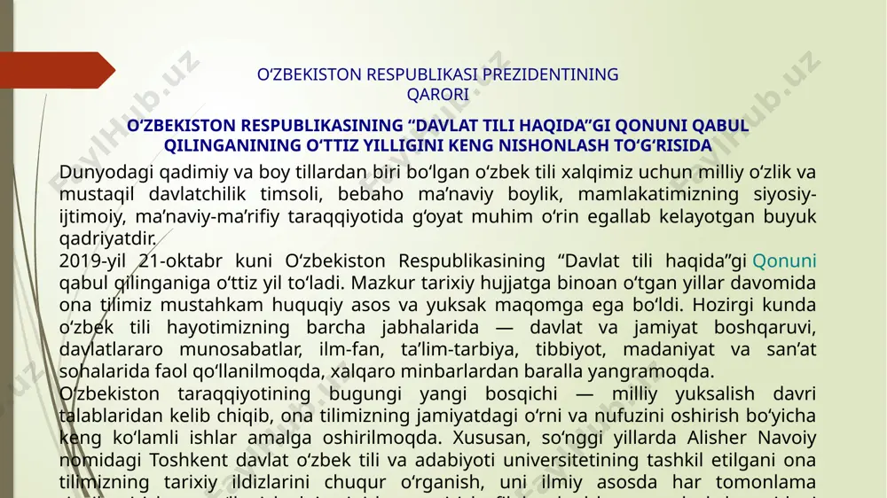 . o‘zbekiston respublikasi madaniyat vazirligi, xalq ta’limi vazirligi, oliy va o‘rta maxsus ta’lim vazirligi, o‘zbekiston yozuvchilar uyushmasi, jurnalistlar ijodiy uyushmasi, respublika ma’naviyat va ma’rifat markazi, o‘zbekiston yoshlar ittifoqi va jamoatchilik vakillarining joriy yilning oktyabr oyida o‘zbekiston respublikasining “davlat tili haqida”gi qonuni qabul qilinganining o‘ttiz yilligini mamlakatimizda keng nishonlash to‘g‘risidagi takliflari ma’qullansin. 2. quyidagilar: o‘zbekiston respublikasining “davlat tili haqida”gi qonuni qabul qilinganining o‘ttiz yilligiga tayyorgarlik ko‘rish va uni o‘tkazish bo‘yicha tashkiliy qo‘mita tarkibi 1-ilovaga; o‘zbekiston respublikasining “davlat tili haqida”gi qonuni qabul qilinganining o‘ttiz yilligi munosabati bilan o‘tkaziladigan ommaviy ma’naviy-ma’rifiy chora-tadbirlar dasturi (keyingi o‘rinlarda dastur deb ataladi) 2-ilovaga muvofiq tasdiqlansin. 3. tashkiliy qo‘mita (a. aripov): qoraqalpog‘iston respublikasi jo‘qorg‘i kengesi, viloyatlar va toshkent shahar hokimliklari hamda mutasaddi vazirlik va idoralar bilan birgalikda dasturda nazarda tutilgan tadbirlarning puxta tayyorgarlik asosida, yuqori saviyada o‘tkazilishini ta’minlasin; qoraqalpog‘iston respublikasi, viloyatlar, toshkent shahridagi barcha shahar va tumanlarda bayram tadbirlarini tashkil etsin; umumta’lim maktablari o‘quvchilari o‘rtasida o‘zbek tili mavzusida …