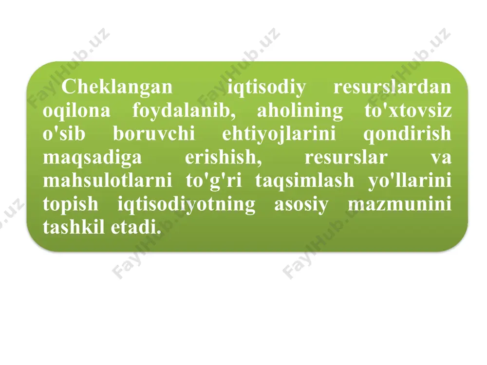 o'ladi. shaxsiy ehtiyojlar – kishilarning pirovard iste'moli uchun mo'ljallangan mahsulot va xizmatlarga bo'lgan zarurat. masalan, oziq-ovqat, kiyim-kechak, uy-ro'zg'or buyumlari, shaxsga ko'rsatiladigan turli xizmatlar shaxsiy ehtiyojlarni namoyon etadi. ishlab chiqarish ehtiyojlari – mahsulot ishlab chiqarish yoki xizmat ko'rsatishni amalga oshirish maqsadida ishlatiluvchi turli iqtisodiy resurslarga bo'lgan zarurat. ishlab chiqarish ehtiyojlariga xomashyo (neft, paxta va h.k.), materiallar (po'lat, yog'och, tola va h.k.), asbob-uskunalar, ish mashinalari (yuk mashinasi, ekskavator, buldozer va h.k.), ishchi kuchi va boshqalarni kiritish mumkin. insonning shaxsiy manfaati, qiziqishlari va turmush tarziga moslab qondirilishi mumkin bo'lgan ehtiyojlar yakka tarzda qondiriluvchi ehtiyojlar deyiladi. ularga ovqatlanish, kiyinish kabilarni misol qilish mumkin. hatto ovqatlanish jarayoni birgalikda (oilaviy yoki bir necha kishilar bilan) amalga oshirilgan taqdirda ham, har bir kishining ovqatga bo'lgan ehtiyoji alohida, yakka tarzda qondiriladi. odatda kishilarning turli darajalardagi guruhi (oila, jamoa, mamlakat fuqarolari va h.k.) tomonidan birgalikda namoyon etiluvchi ehtiyojlar birgalikda qondiriluvchi ehtiyojlar deyiladi. masalan, ta'lim olish binolari, kasalxonalardan, dam olish …