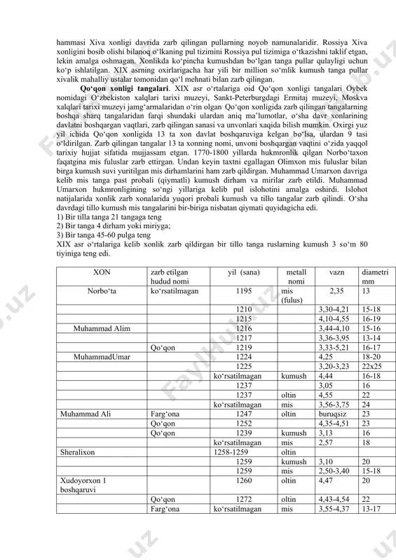 kda pul zarb qilishning tо‘xtatilgani о‘z ta’sirini о‘tkazdi, muomaladagi rus pullari xonlik pullaridan oshib ketdi. xiva bosib olingandan keyin yekaterina ii podsholigi davridan buyon pul sifatida muomalaga kiritilgan qog‘oz, kumush pullar xonlik hududida qо‘llanilgan. pul muomalasida qiyinchilik vujudga kelishi natijasida sarroflar faoliyati tezlashadi. 1893 yil rossiya moliya vazirligining tashabbusi bilan rus savdogarlarining iltimosi muhokama qilindi va xiva xoni tanga pullarini faqat rus podshosining ruxsati bilan zarb qilish majburiyatini yukladi. natijada xx asrning birinchi о‘n yilligida rus qog‘oz pullari ishlatilayotgan tanga pullarga nisbatan ikki barobar kо‘payib ketdi. muhammad rahimxon ii umrining oxirlarida xiva xonligida muomala uchun ishlatilayotgan pul miqdorining yetishmayotganligi, shuningdek musulmon sharq olamida podsholar nomidan pul chiqarib turilmasa unga xalq itoat etmasligini tushuntirsada, tanga chiqarishga ruxsat berilmadi, endilikda faqat rus podshosi pullari muomalada ishlatiladigan bо‘ldi. xiva xonligida mavjud pul muomalasi masalasi m.m. matkarimov, a. abdurasulov, g.a. xudyakov, v.a. bochin, h.z. ziyoyev, n. polvonovlar tadqiqotlaridan keng о‘rin olgan.ma’lumki, xix asr oxiri …