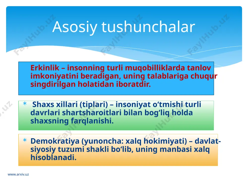 langan vositalarni ishlatib, muayyan xatti-harakatlar qilishda (obyektiv erkinlikda) nihoyasiga yetadi. www.arxiv.uz shaxs erkinligining ichki tomoni belgilovchi va tuzilishiga ko‘ra ancha murakkab bo‘lib, asosiy unsurlar sifatida maqsad va vositalarni tanlash, amalga oshirish uchun zarur bo‘lgan vaziyatlarni bilishni, bu bilingan, o‘zlashtirilgan tashqi zaruriyatni ichki e’tiqod bilan muvofiqlashtirib olish va, nihoyat, o‘zligini to‘la namoyon etish kabilarni o‘z ichiga oladi. www.arxiv.uz xx asr yevropa mutafakkirlaridan m.xaydegger, k.yaspers va j.p.sartr inson ichki erkinligi masalasida muhim ta’limotlarni ilgari surganlar. haqiqiy erkin tanlov – bu individning ichki ehtiyojiga muvofiq qilingan tanlovki, uning ichki e’tiqodi, samimiyligi, sofdilligi bilan bog‘liqdir. www.arxiv.uz tashqi erkinlik – bu, dastavval, mavjud ijtimoiy munosabatlar tizimida shaxs o‘rni va ahamiyatining ifodalanishi, uning ichki erkinligining hissiy-buyumlashgan tarzda namoyon bo‘lishidir. bunda oxir-oqibatda shaxs bilan sotsium manfaatlarining uyg‘unligi masalasi alohida ahamiyatga ega. www.arxiv.uz demokratiyaning ilk ko‘rinishlari sivilizatsiya tongidayoq qaror topgan bo‘lib, insoniyatning buyuk qadriyati hisoblanadi. biroq insoniyat rivojlanishining butun bosqichlarida demokratiya yo sahnadan ancha vaqtda tushib ketib, yo …