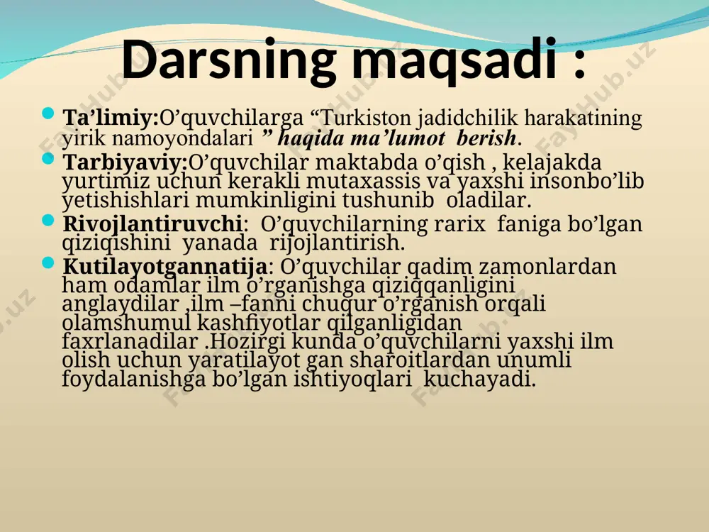 tashkil etgаnliklаrini, dаrsliklаr, qo`llаnmаlаr nashr qilgаnliklаrini, ulаrni turkiston bolаlаrigа bepul tаrqаtgаnliklаrini eslаylik”. islom kаrimov. jadidlar harakati "jadid" arabcha so’z bo’lib, "yangi" degan ma'noni bildiradi. ismoilbek g'oyalarini qabul qilgan yangilik tarafdorlari "jadidlar", uning g'oyalari esa jadidchilik nomini oldi. ismoilbek gaspirali darslik yaratdi, o’zining "tarjimon" (1883-1914) gazetasini tashkil etib, jadidchilikni turkiy xalqlar orasida targ'ib qildi. bu gazeta turkiston olkasi shaharlarida, shuningdek buxoro amirligi va xiva xonligida ham tarqala boshladi. ismoil g`aspirali bey (1851-1914) o`rta osiyoda jadidlar harakatini rivojlantirishda katta hissa qo`shgan istambulda ta’lim olgan siyosat va jamoat arbobi (qirimlik). u tarjimon gazetasi (1883-1914) rossiya musulmonligi (1881), ovropa madaniyatiga bir nazar muvozini (1885) asarlari va bir nechta darsliklari turkistonga yetib keldi. jadidchilikning asosiy vazifalari. jadidchilik turkistonda madaniy-ma'rifiy harakat sifatida rivojlandi va asosiy maqsadi milliy hayotni zamonaviylashtirishga qaratildi. bu jumladan quyidagilarni anglatar edi; -xalq ta'limini isloh qilish; -adabiyotni rivojlantirish; -zamonaviy matbuotni yaratish; -islom aqidaparastligi va mutaassiblikni rad etish; -zamonaviy teatr va dramaturgiyani yaratish; -tarix …